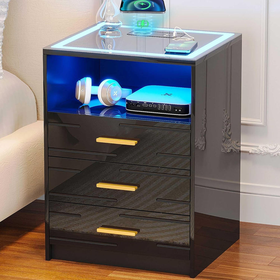 Modern LED Black Bedside Table with Wireless Charging & 3 Drawers Nightstand