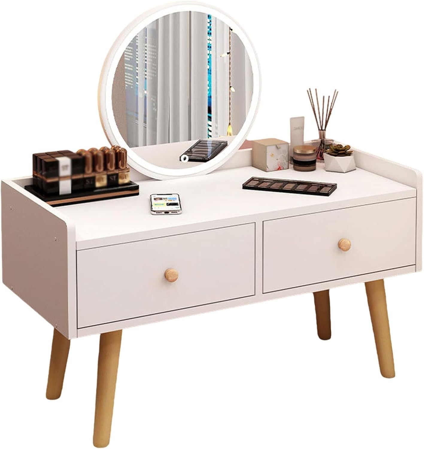 Warm White Vanity Desk Makeup Dressing Table Mirror Set 2 Drawers Bedroom Decor
