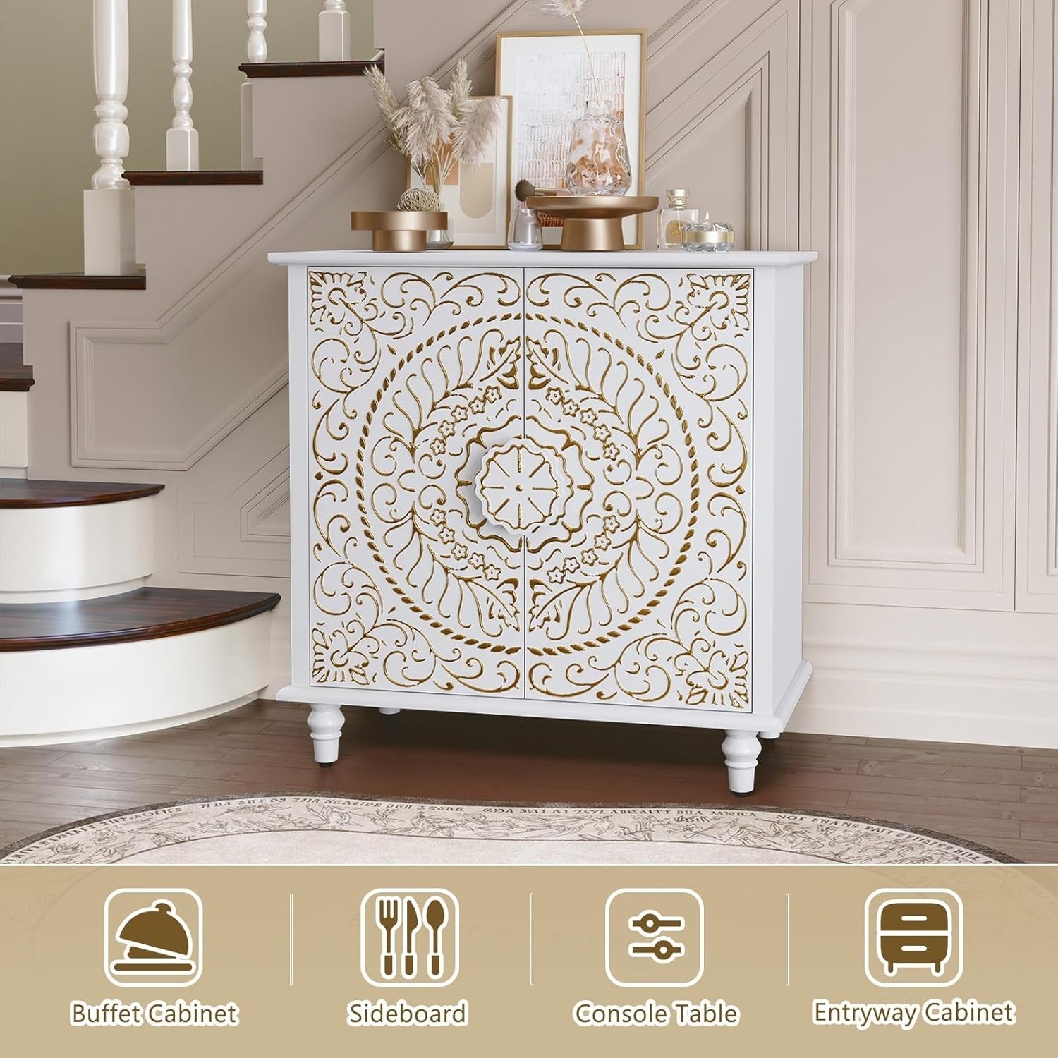 White Carved Wood Sideboard Cabinet 2 Door Vintage Boho Storage Unit