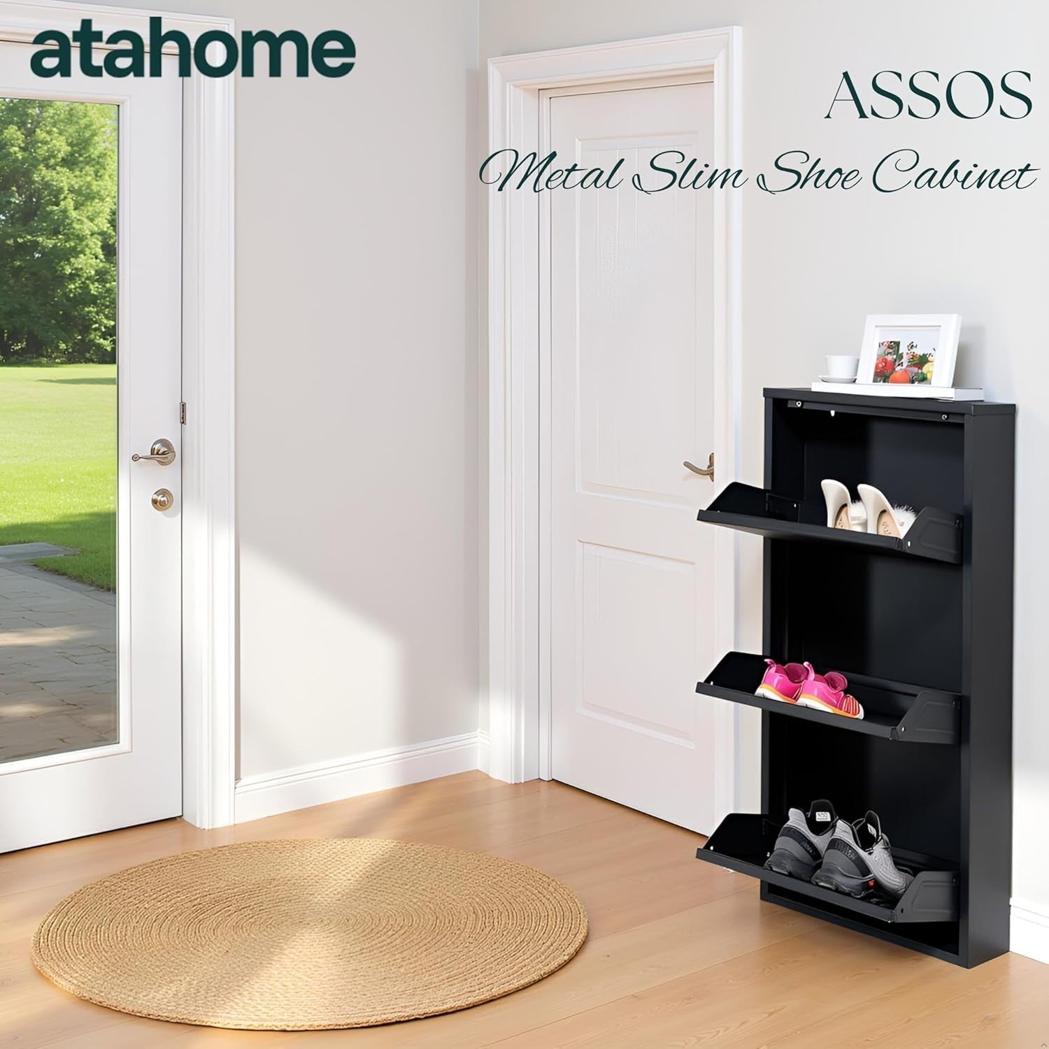 Slim Wall Mounted Shoe Cabinet 3 Drawer Metal Storage Organizer Black 104cm
