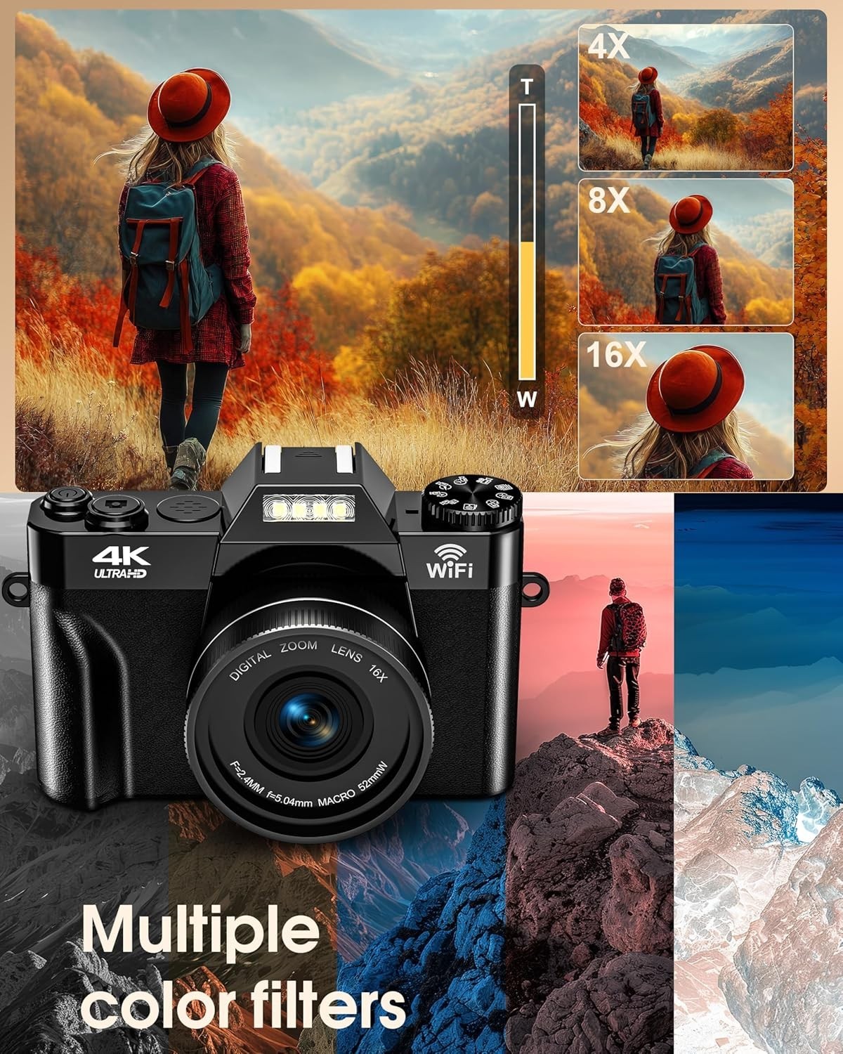 4K 75MP Digital Camera WiFi Flip Screen Vlogging Camera 32GB Bundle