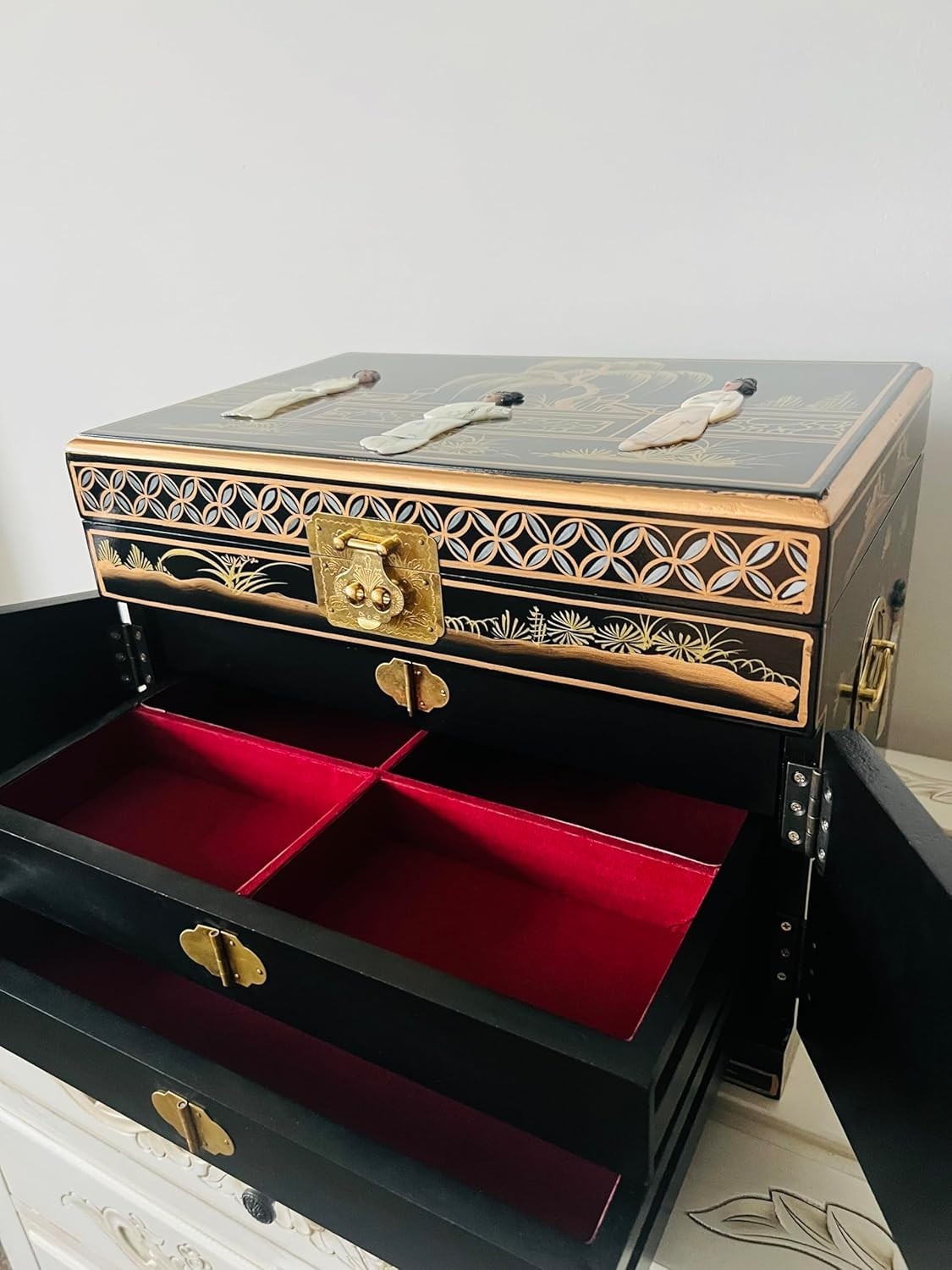 Black Chinese Jewellery Box Hand Painted Mother of Pearl Lockable