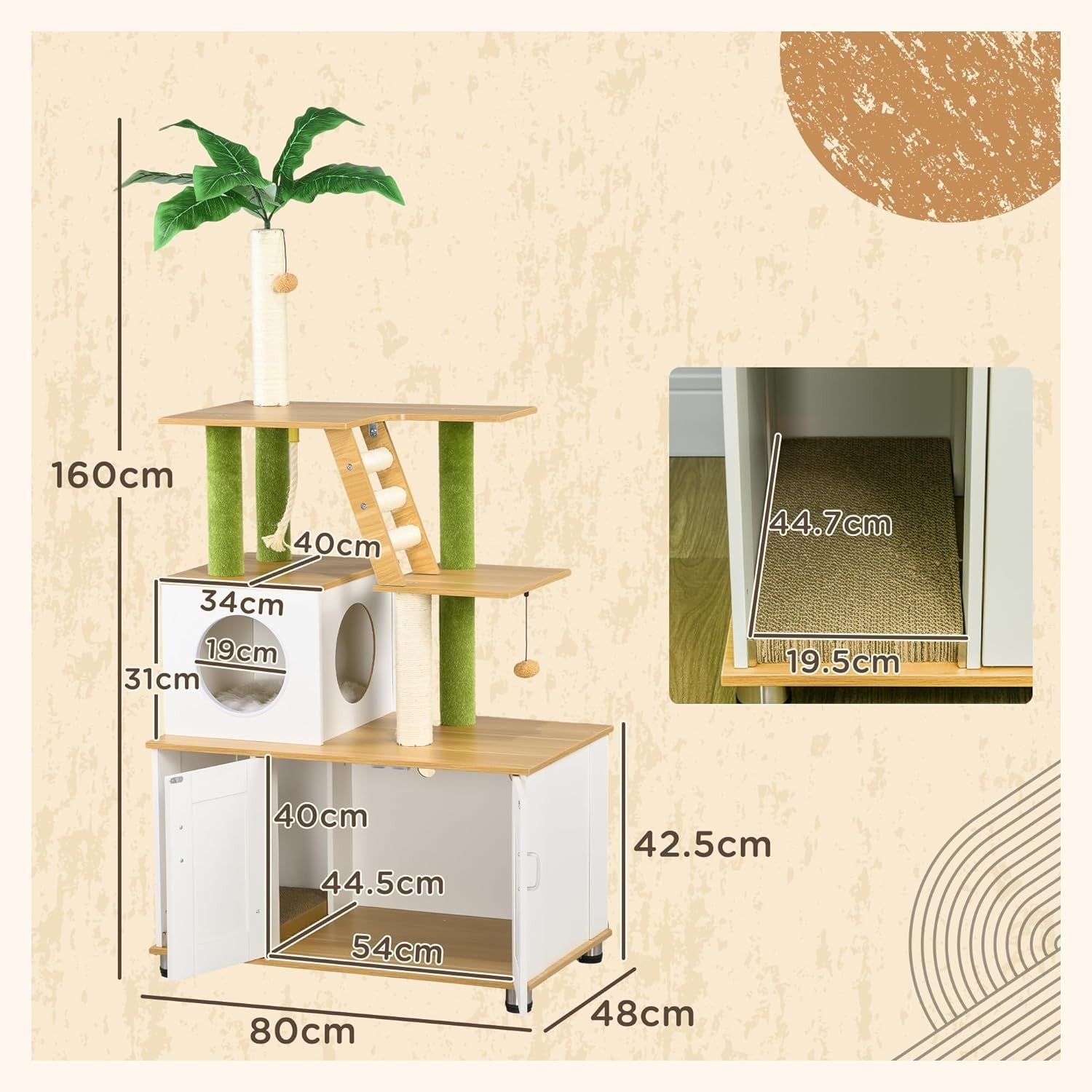 Cat Tree with Hidden Litter Box Cabinet Indoor Tower Scratcher House Ladder