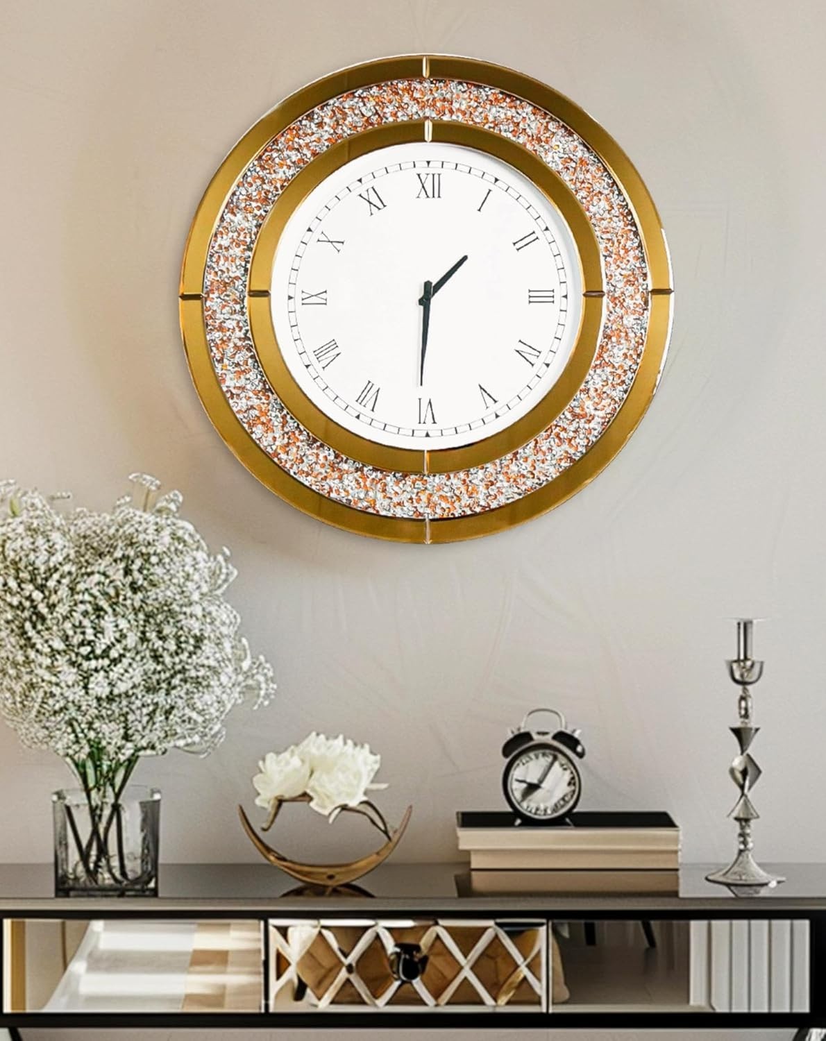 60cm Mirrored Wall Clock Crushed Diamond Inlay Roman Numerals Bling Decor