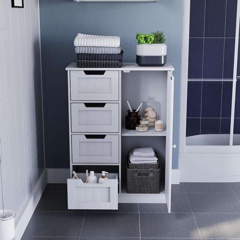 White Bathroom Cabinet 4 Drawer 1 Door Cupboard – Adjustable Shelf Storage