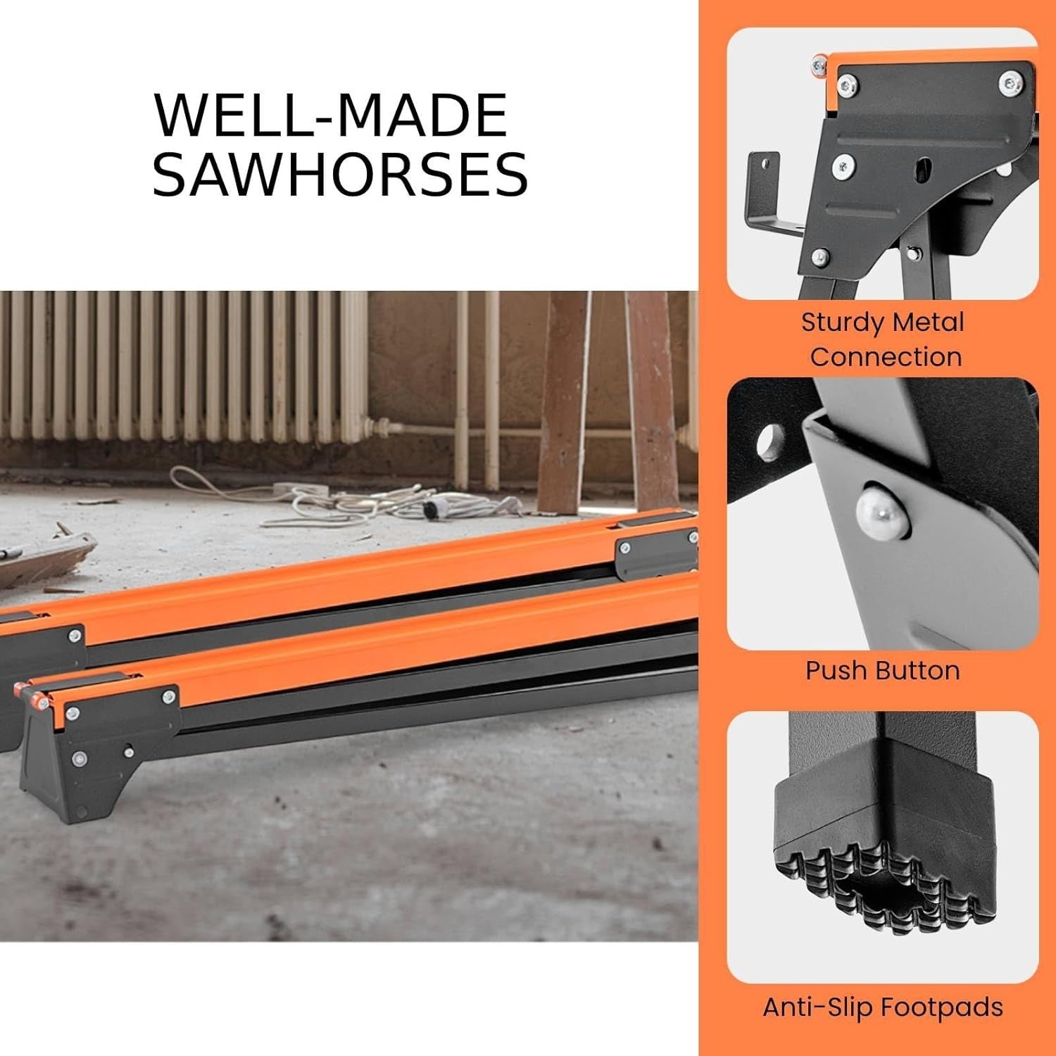 2x Folding Sawhorses 1000kg Heavy Duty Work Trestle with Support Arms