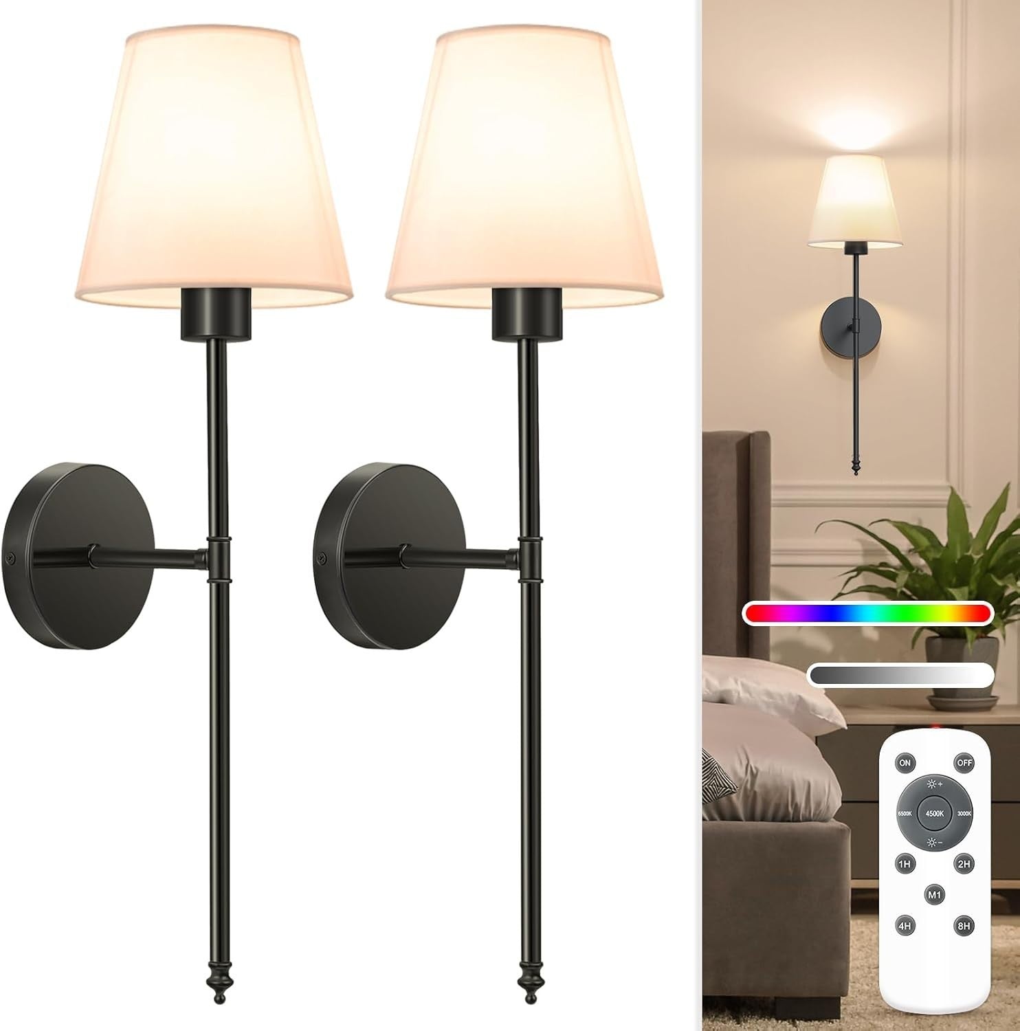 Rechargeable Wall Sconces 24in | Dimmable 9-Color Remote Lights Indoor