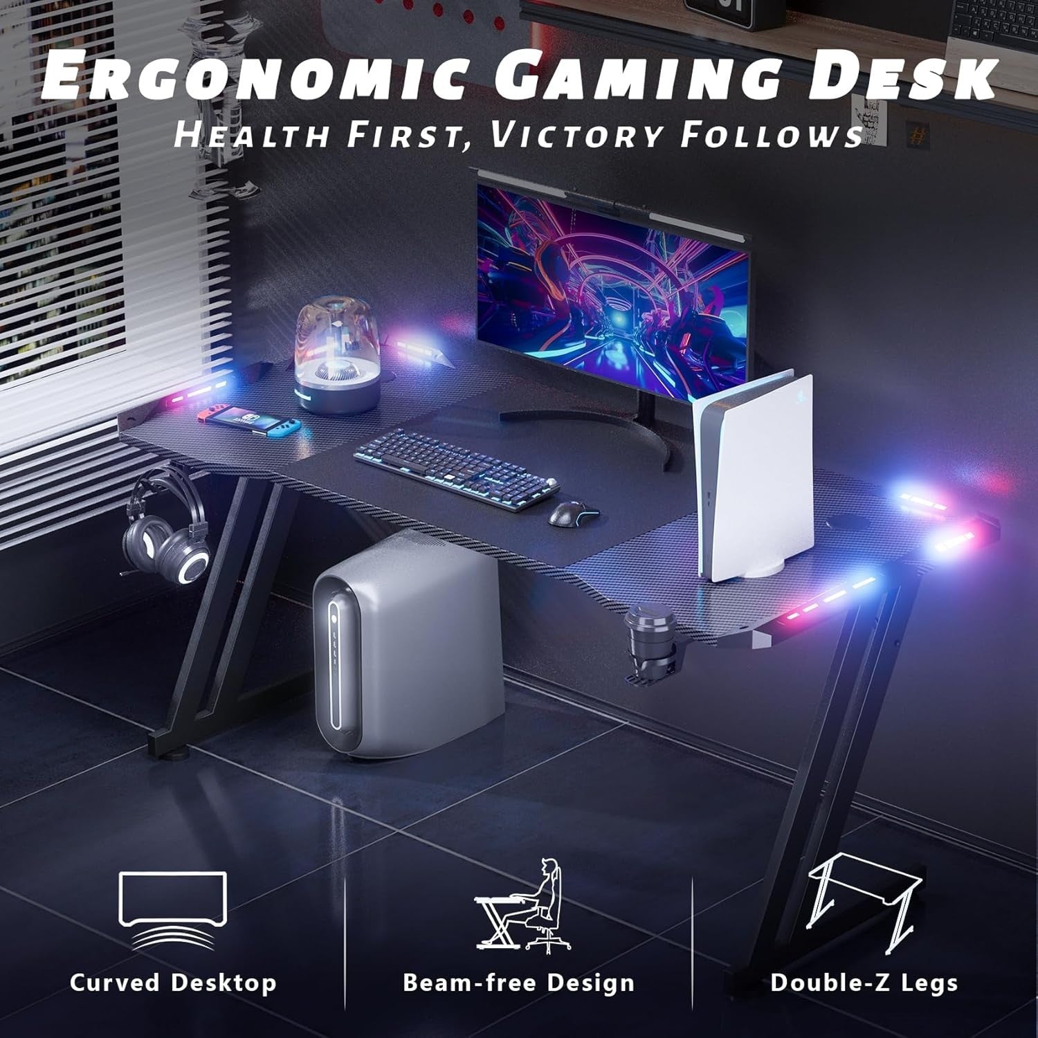 RGB Gaming Desk 140x60cm Computer Table w/LED, Cup Holder & Headphone Hook