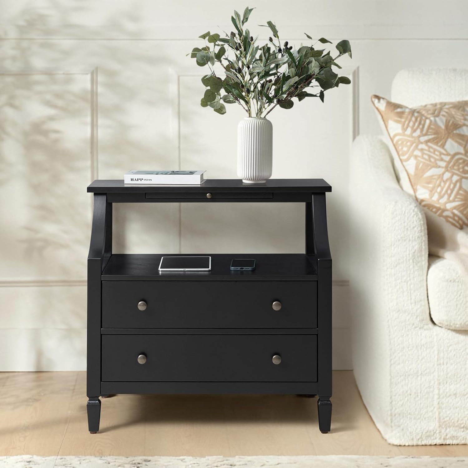 Modern Black Bedside Table with 2 Drawers & Open Shelf, Solid Wood Legs