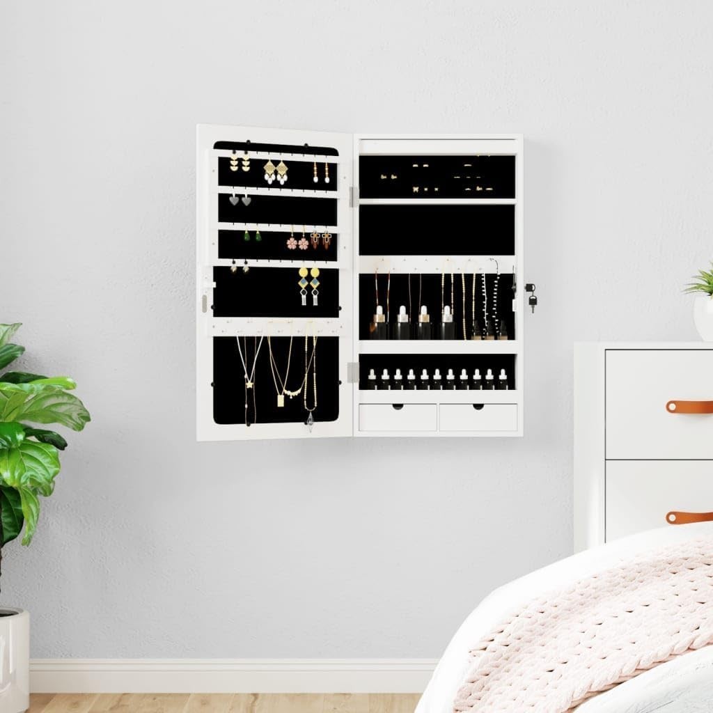 Wall Mounted LED Jewelry Cabinet Lockable Mirror Storage Organizer White