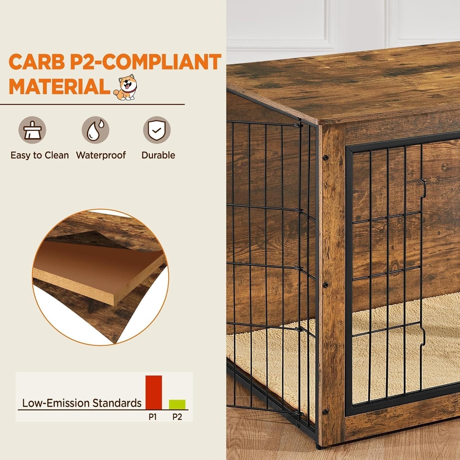 Rustic Brown Medium Dog Crate Furniture with Cushion & Double Doors 96x65x67.5cm