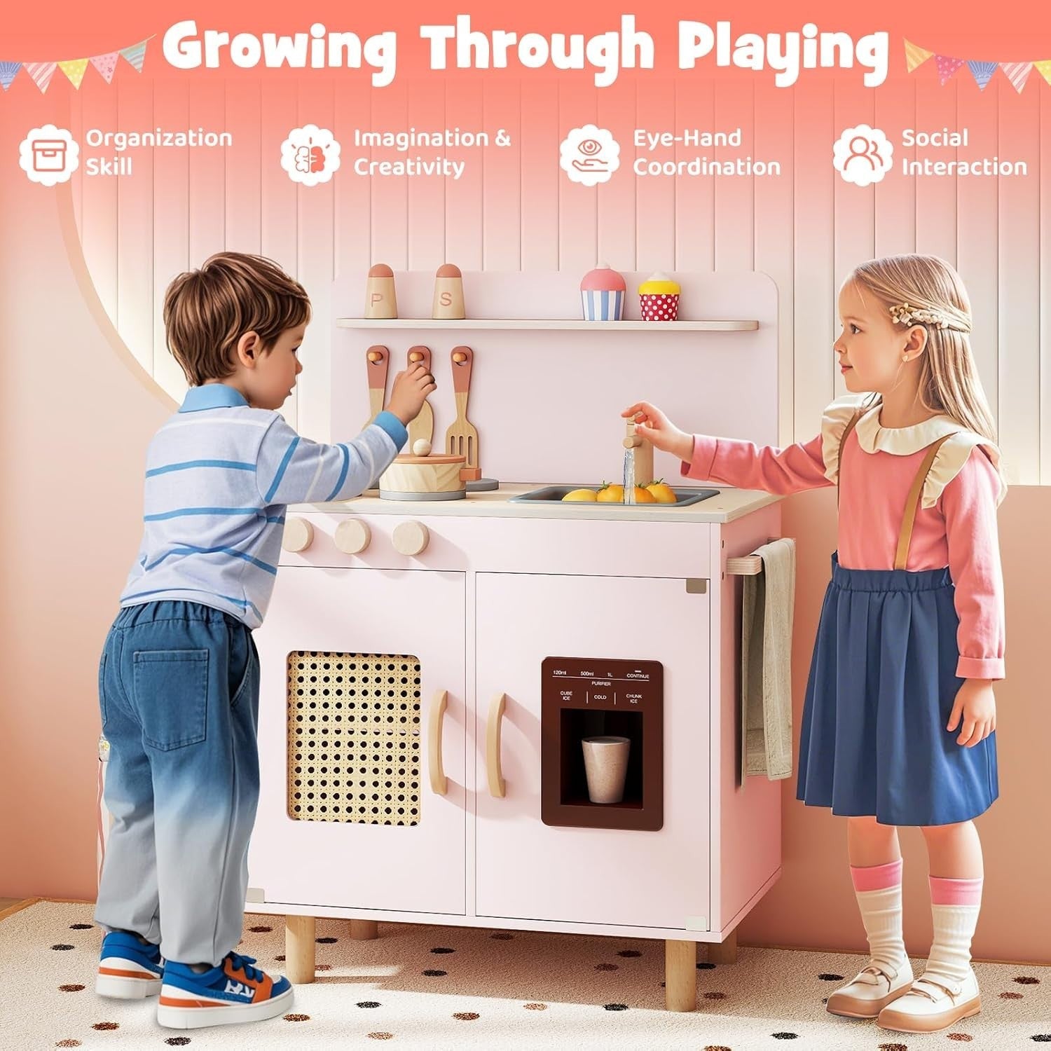 Kids Wooden Play Kitchen w/ Ice Maker Sink Pink Toy Set