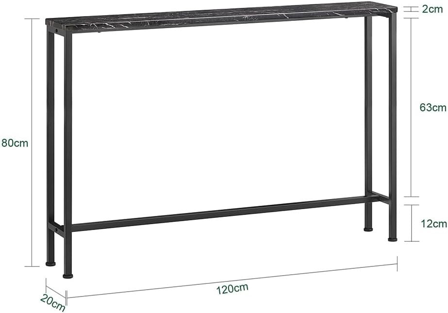 Slim Console Table 120x20x80cm Black Marble Effect Sturdy Metal Frame