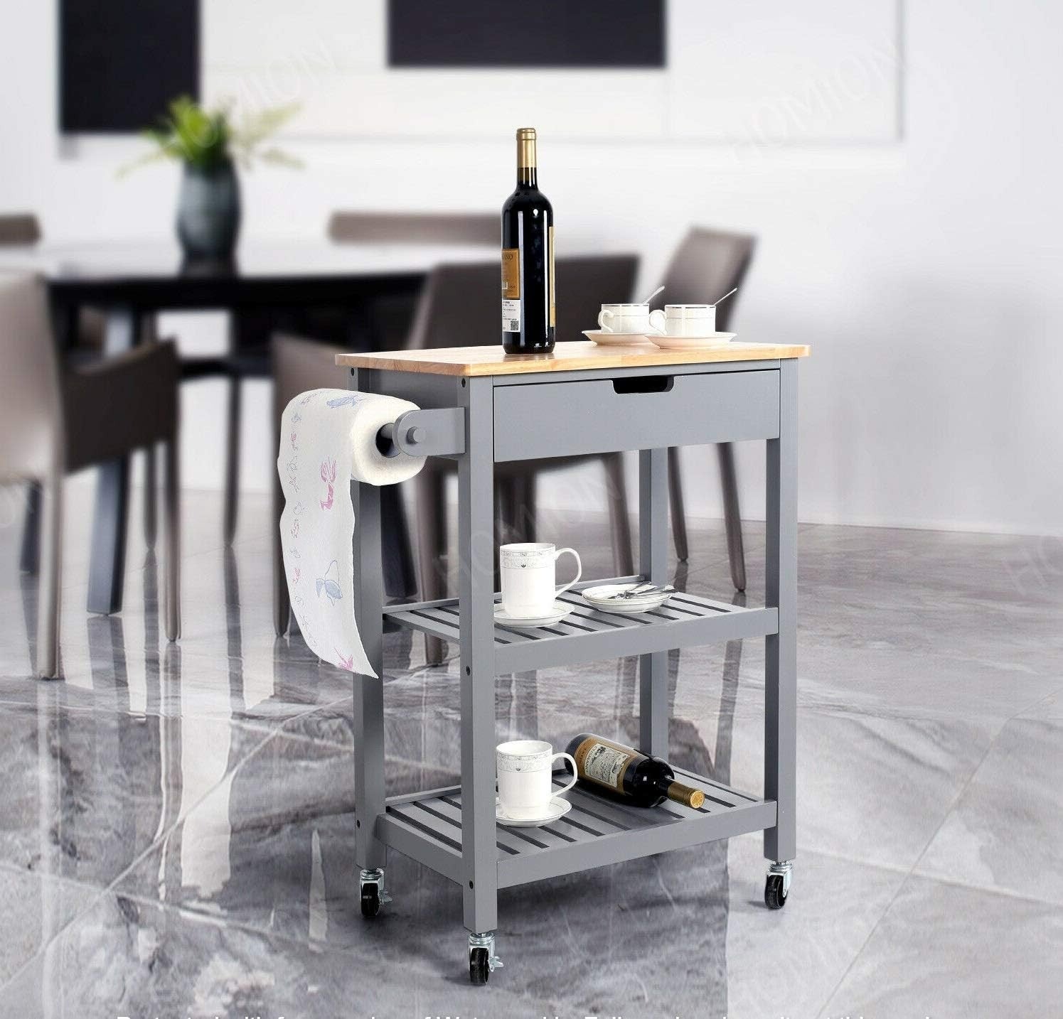 Grey 3 Tier Kitchen Trolley Cart with Drawer Wheels