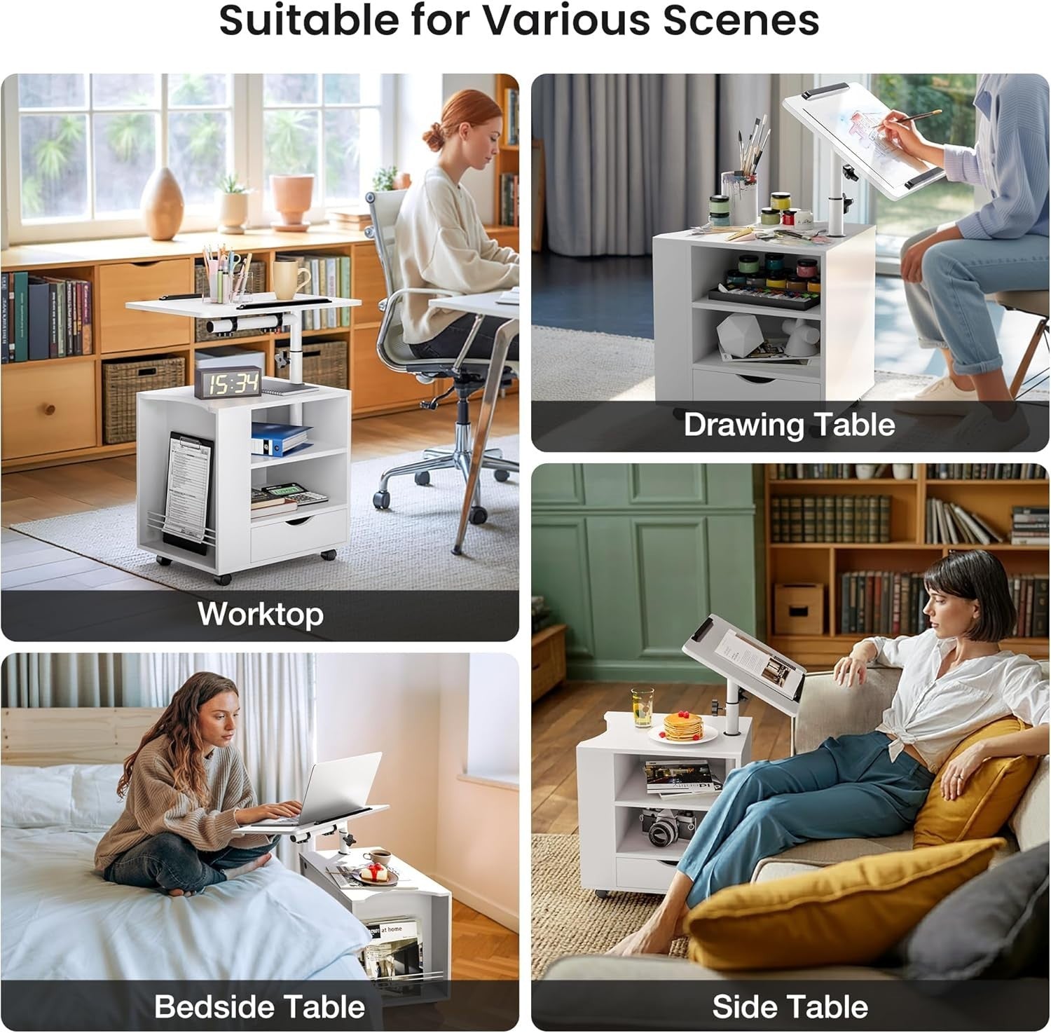 White LED Bedside Table with Adjustable Laptop Stand – Smart Nightstand