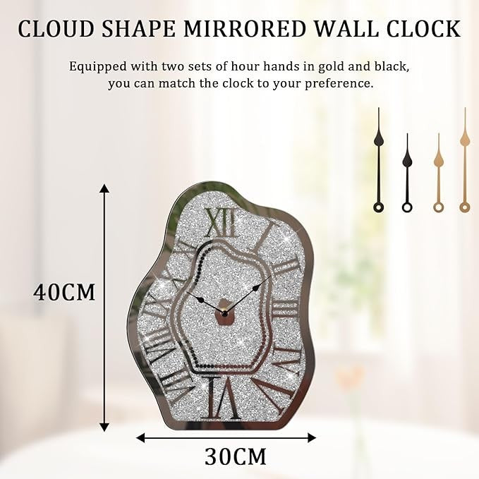 Irregular Crushed Diamond Mirror Wall Clock Silver Crystal Sparkle 40cm Decor