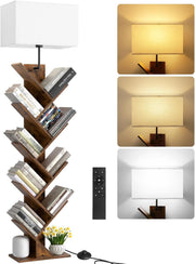 9 Tier Tree Bookshelf Floor Lamp with Remote Light Narrow Wooden Bookcase