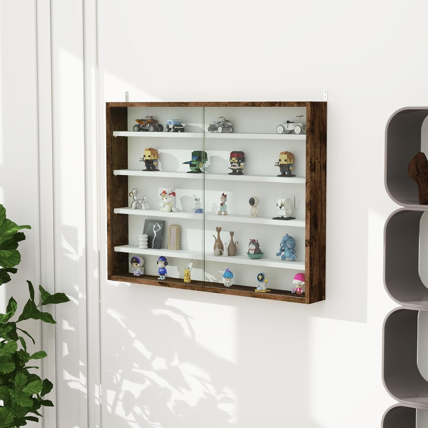5-Tier Rustic Brown Display Cabinet | Wall-Mounted Glass Sliding Door Shelf 60×8
