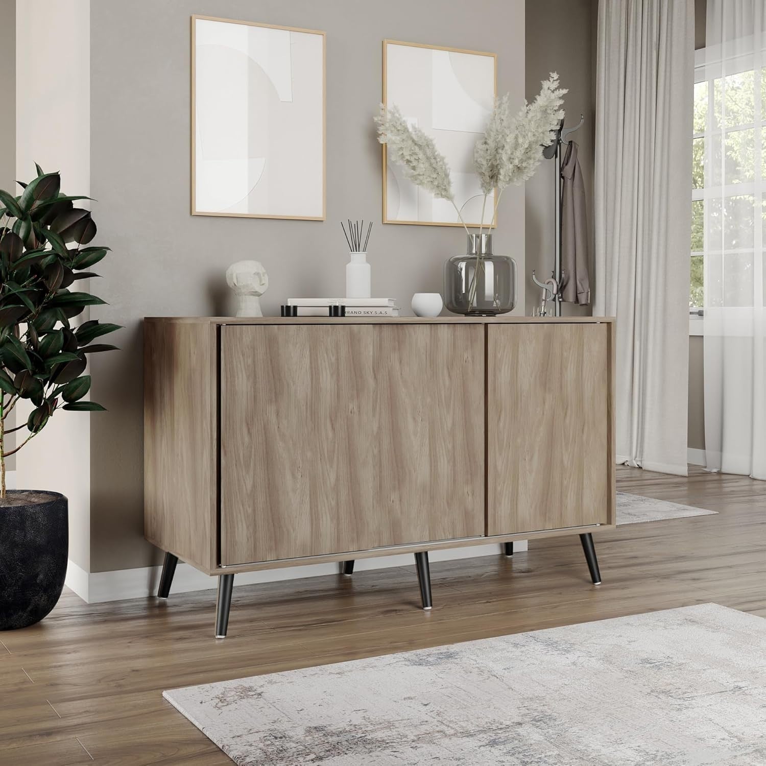 Modern Oak Sideboard Cabinet – 3-Door Storage Unit with Black Legs