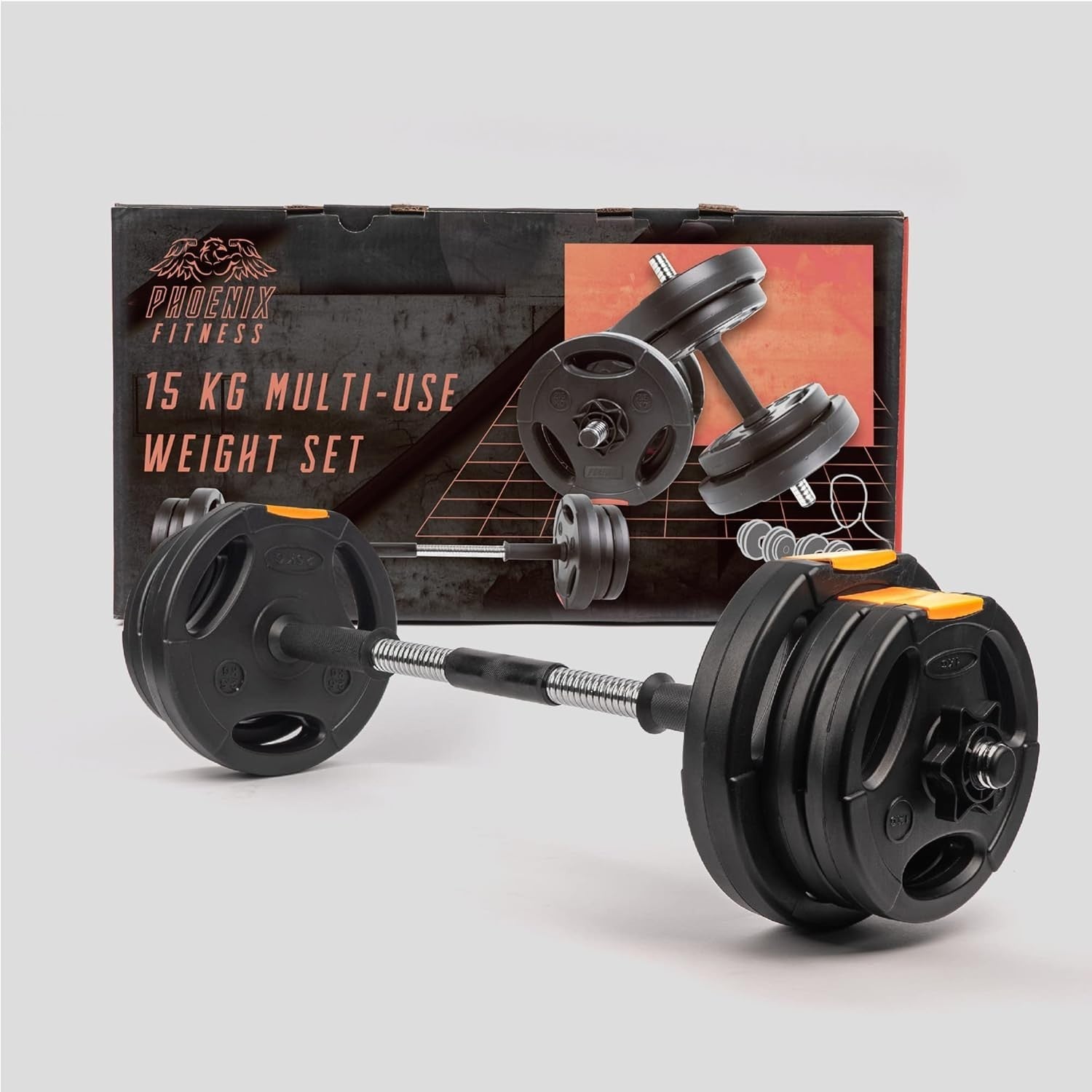 2-in-1 Adjustable Dumbbell Barbell Set Up to 15kg Home Gym Strength Weights
