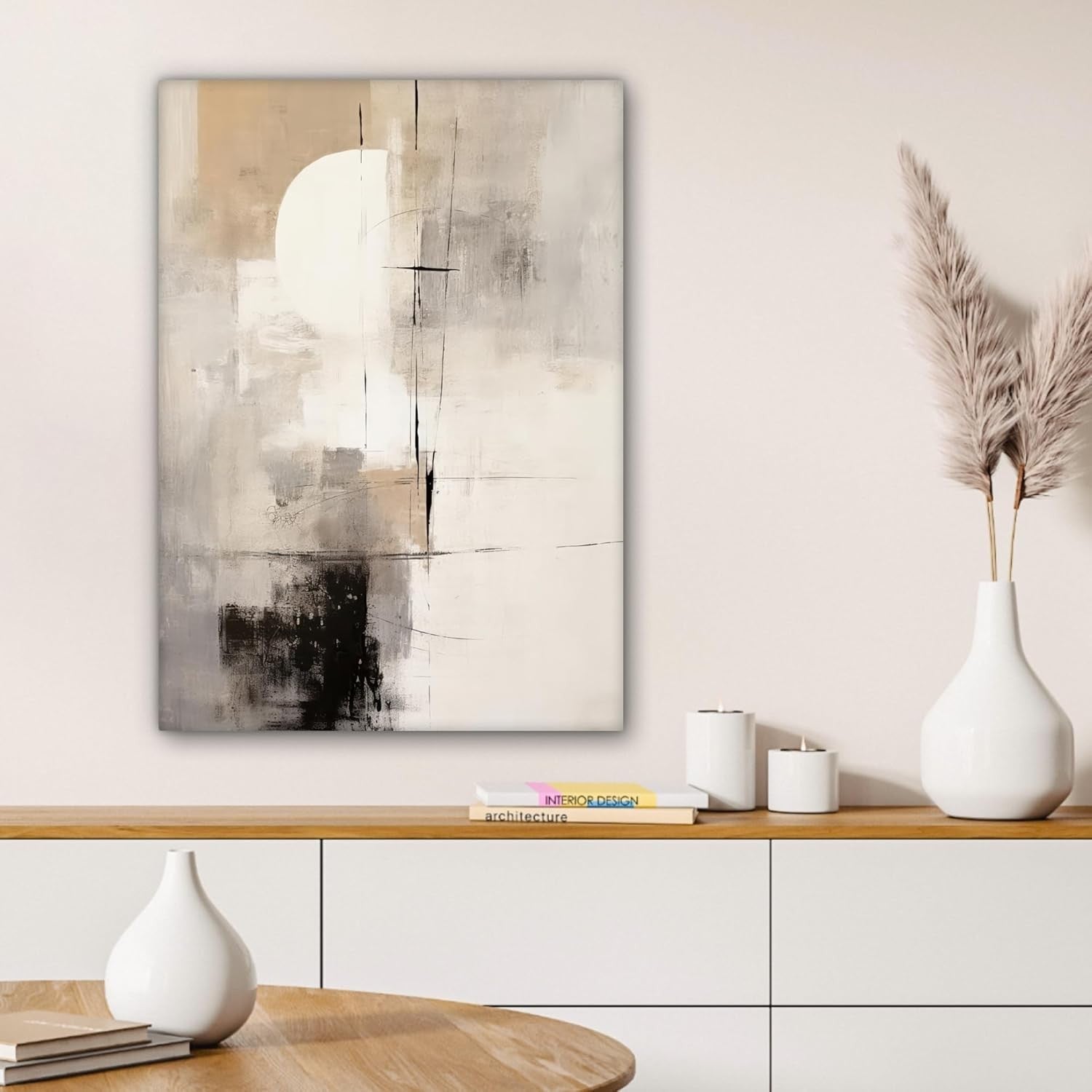 Large Framed Canvas Wall Art 50x70cm Grey Beige Abstract