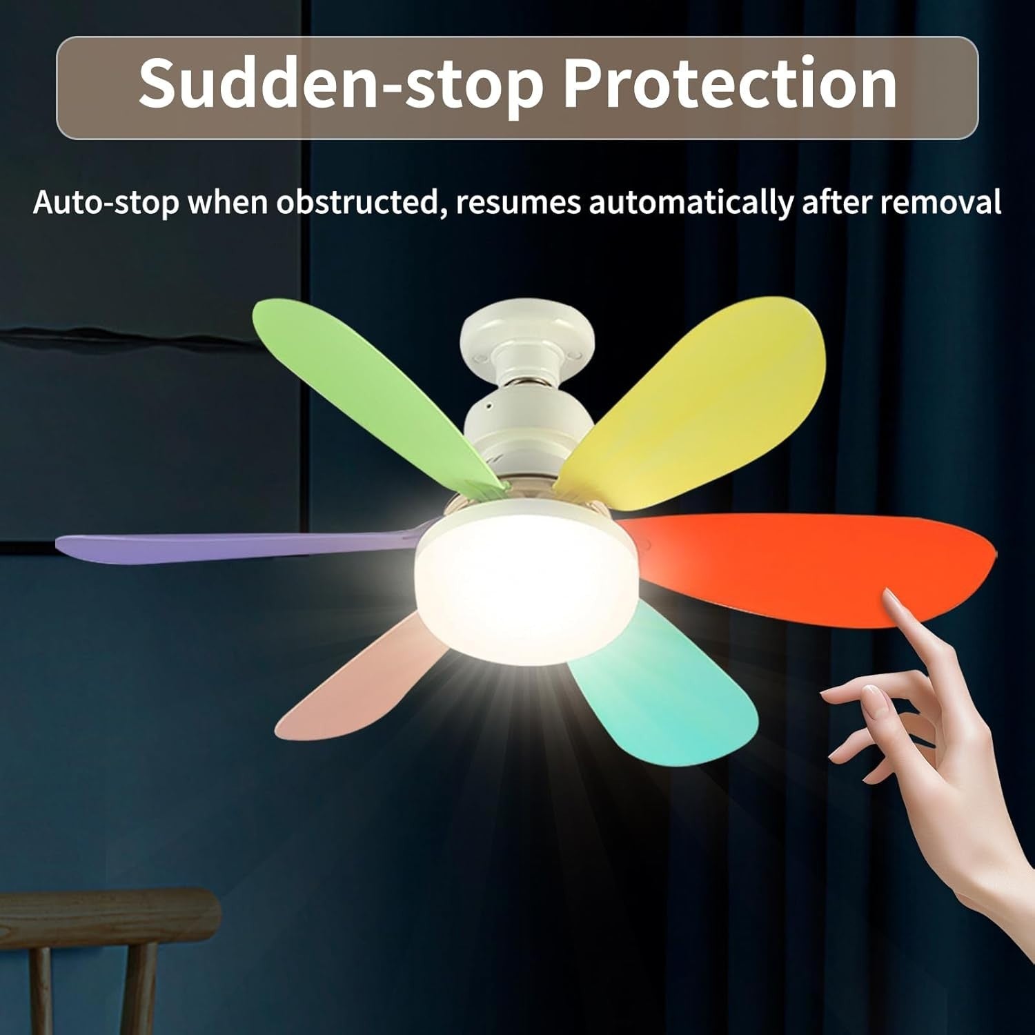 Socket Ceiling Fan with Light, Remote, E27 Base, Rainbow & White Blades, LED