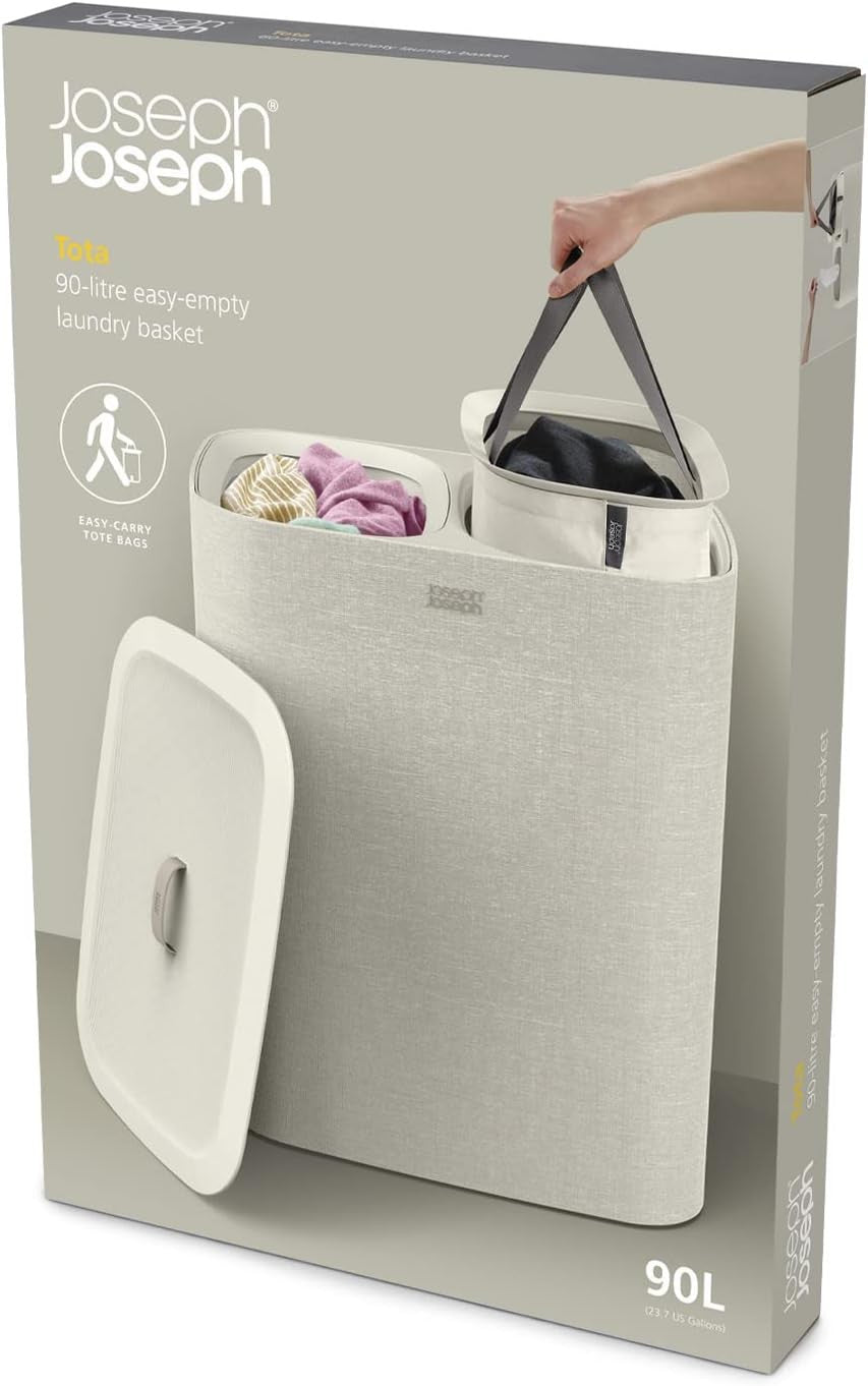 90L Dual Laundry Basket with Lid Removable Washing Bags Modern Ecru Fabric