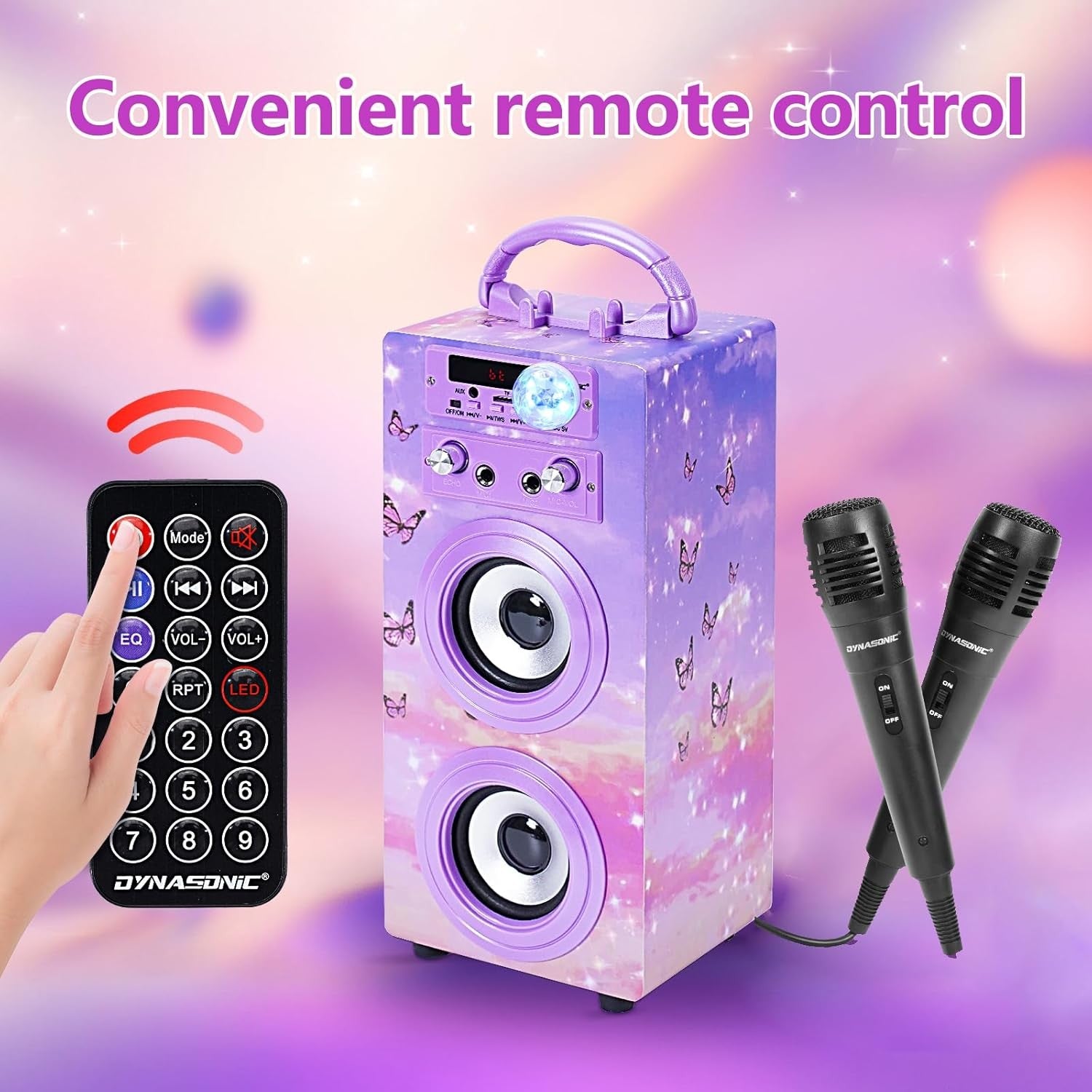 DYNASONIC Karaoke Machine Bluetooth 2 Mics LED Lights Teens