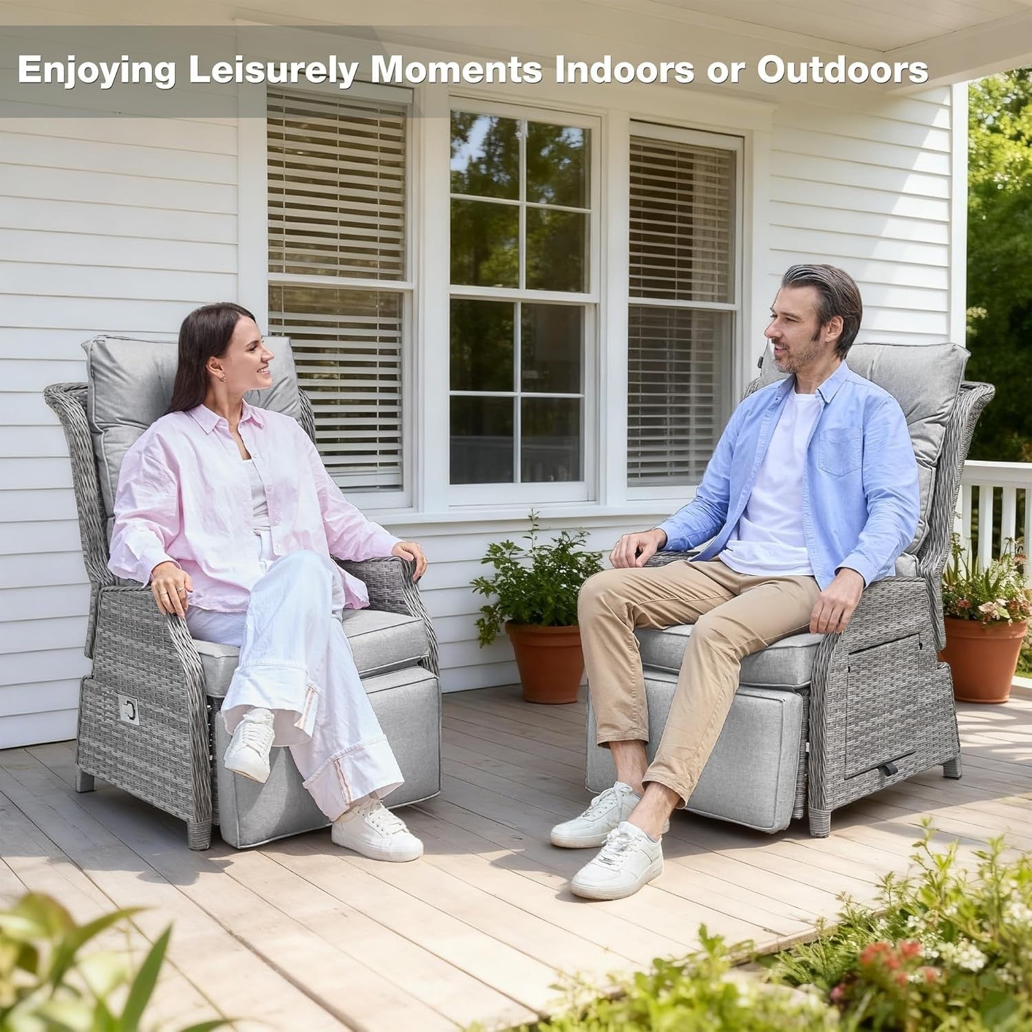Rattan Recliner Chair Adjustable Sun Lounger with Cushions & Flip Side Table