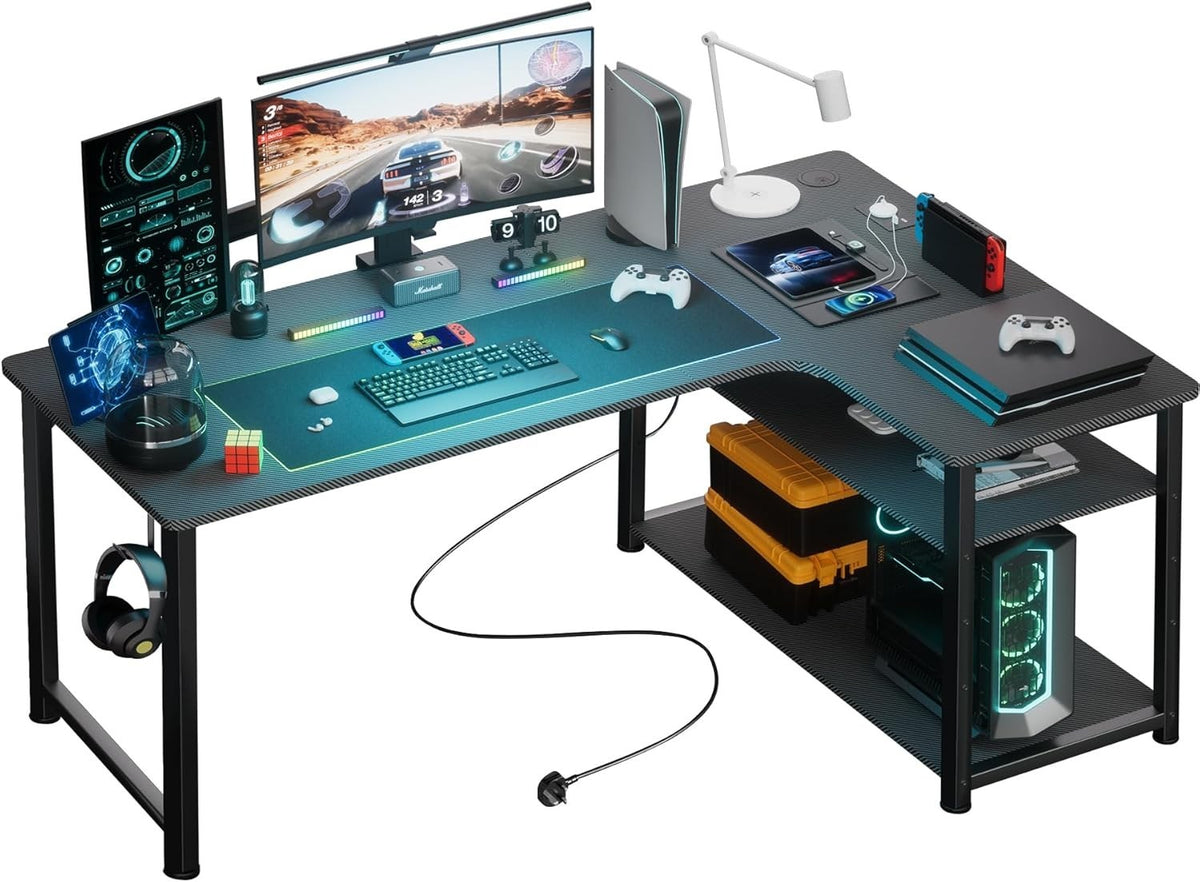 L Shaped Gaming Desk 130x80cm with USB Ports Shelves Hook Corner Office Table