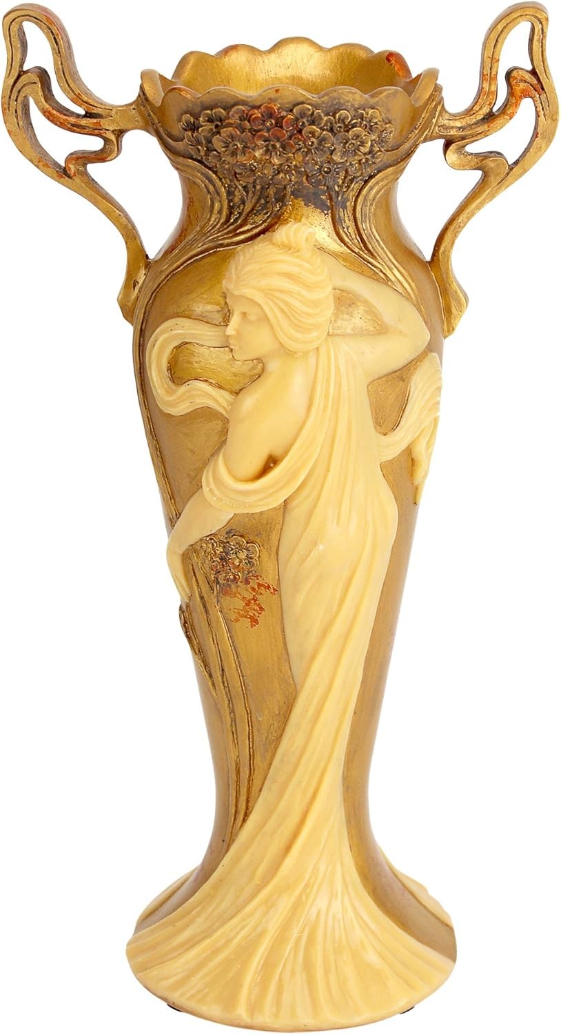 Art Nouveau Ivory Gold Resin Vase Sculptural Luxury Home Decor Accent