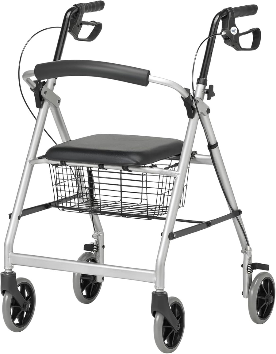4 Wheel Rollator Walker with Seat Lightweight Folding Mobility Aid Brakes Basket