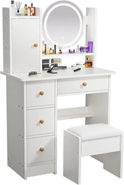 White Dressing Table Set Makeup Vanity w/ Round LED Light Mirror & Stool