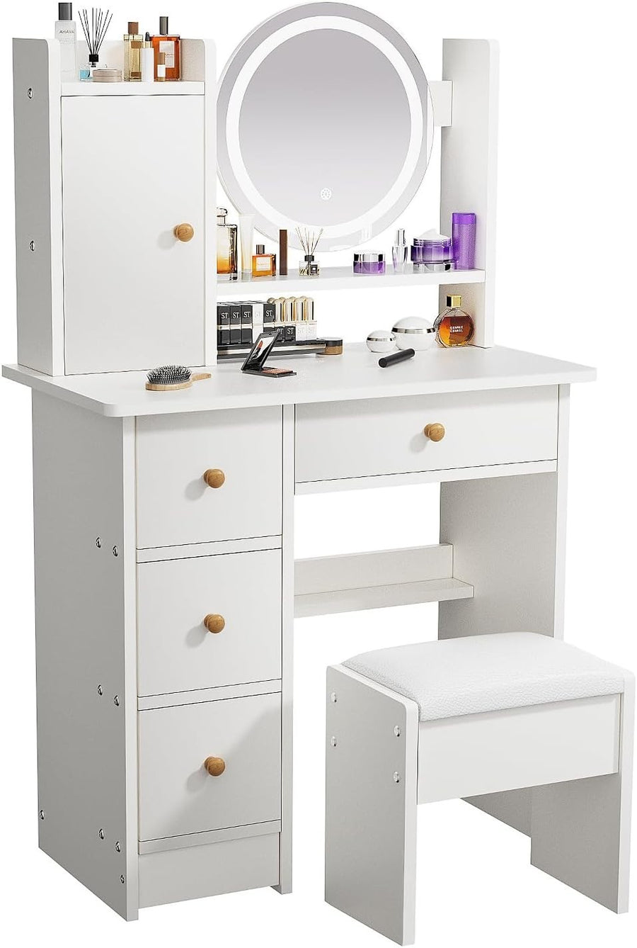 White Dressing Table Set Makeup Vanity w/ Round LED Light Mirror & Stool