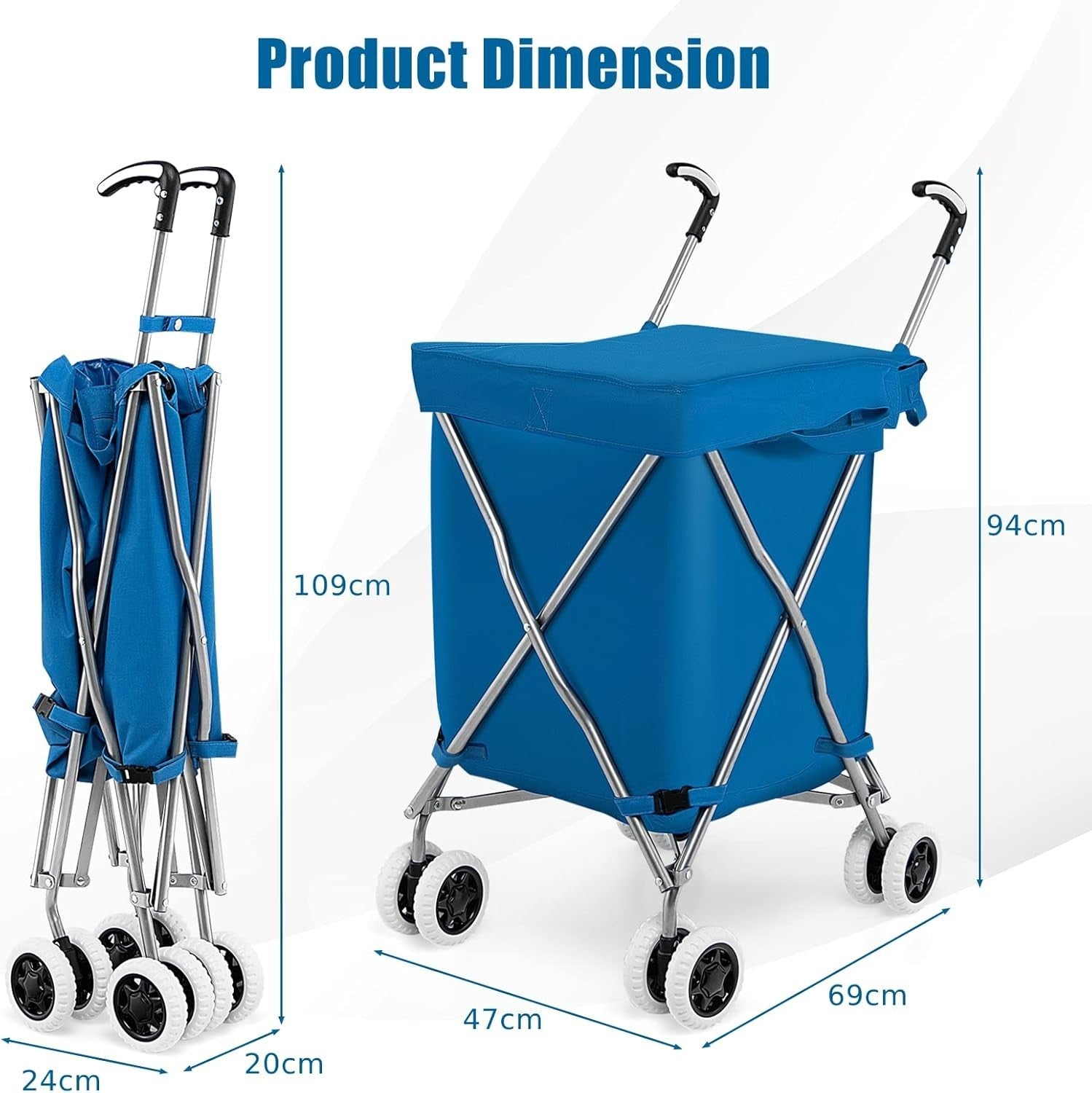 90L Folding Shopping Cart 8 Wheels Waterproof Grocery Trolley Blue