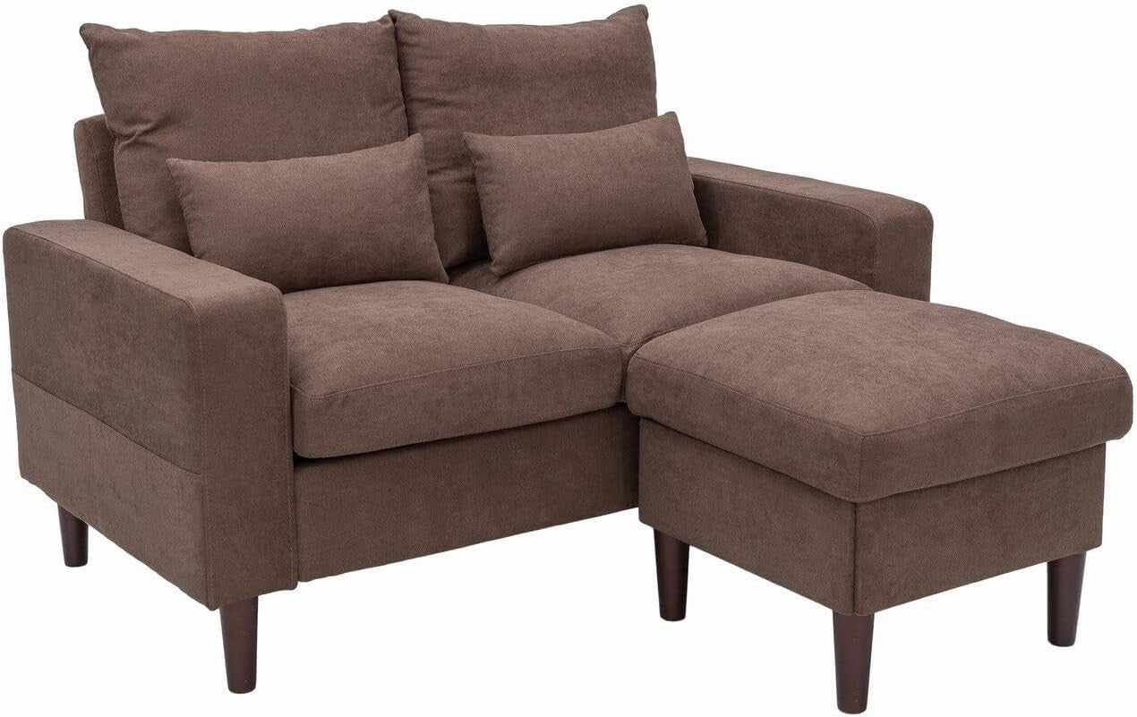 2 Seater Sofa Brown with Footstool Linen Fabric Small Couch + 2 Cushions