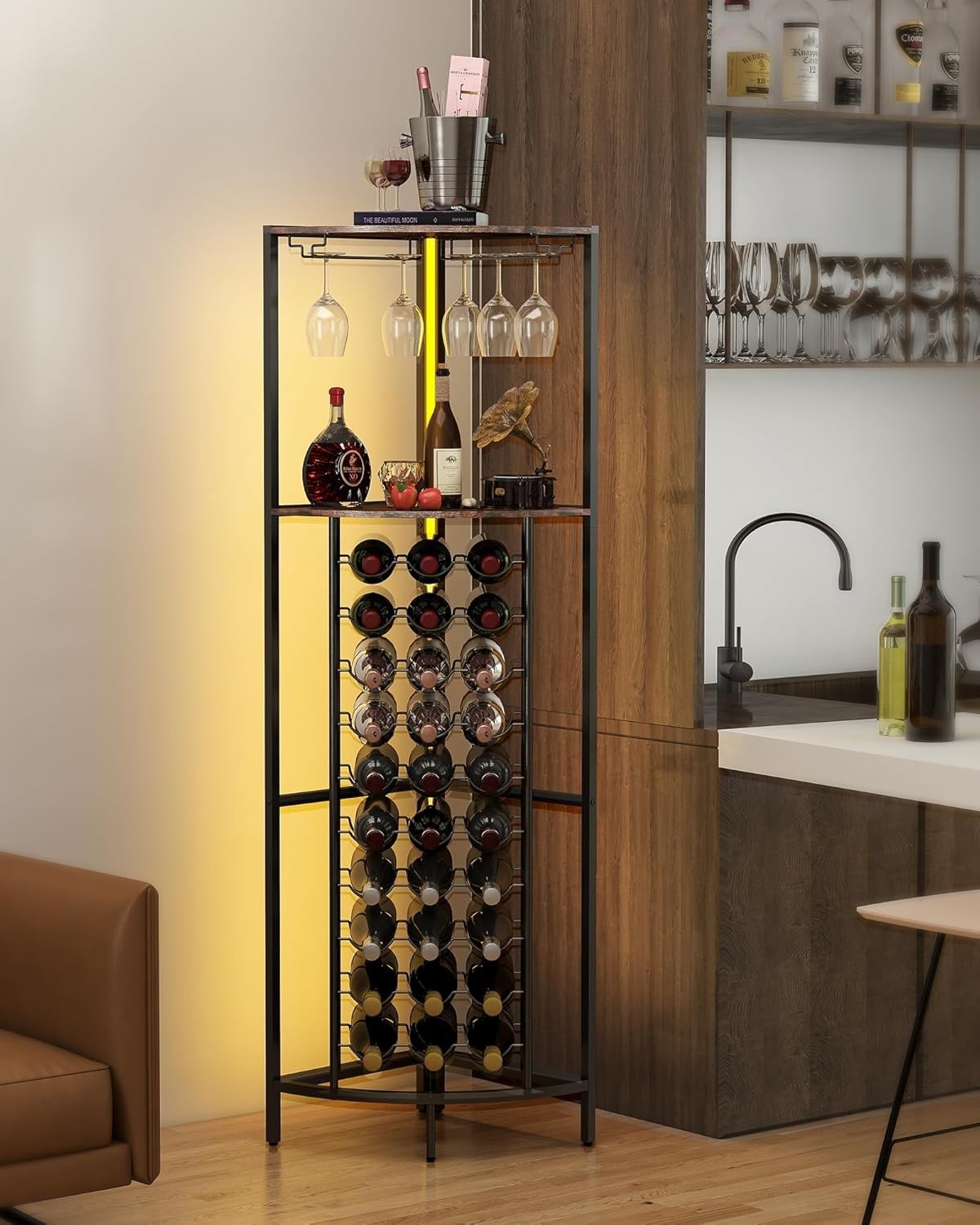 Corner Wine Rack Cabinet with LED Lights, 30 Bottle Storage & Glass Holder Bar