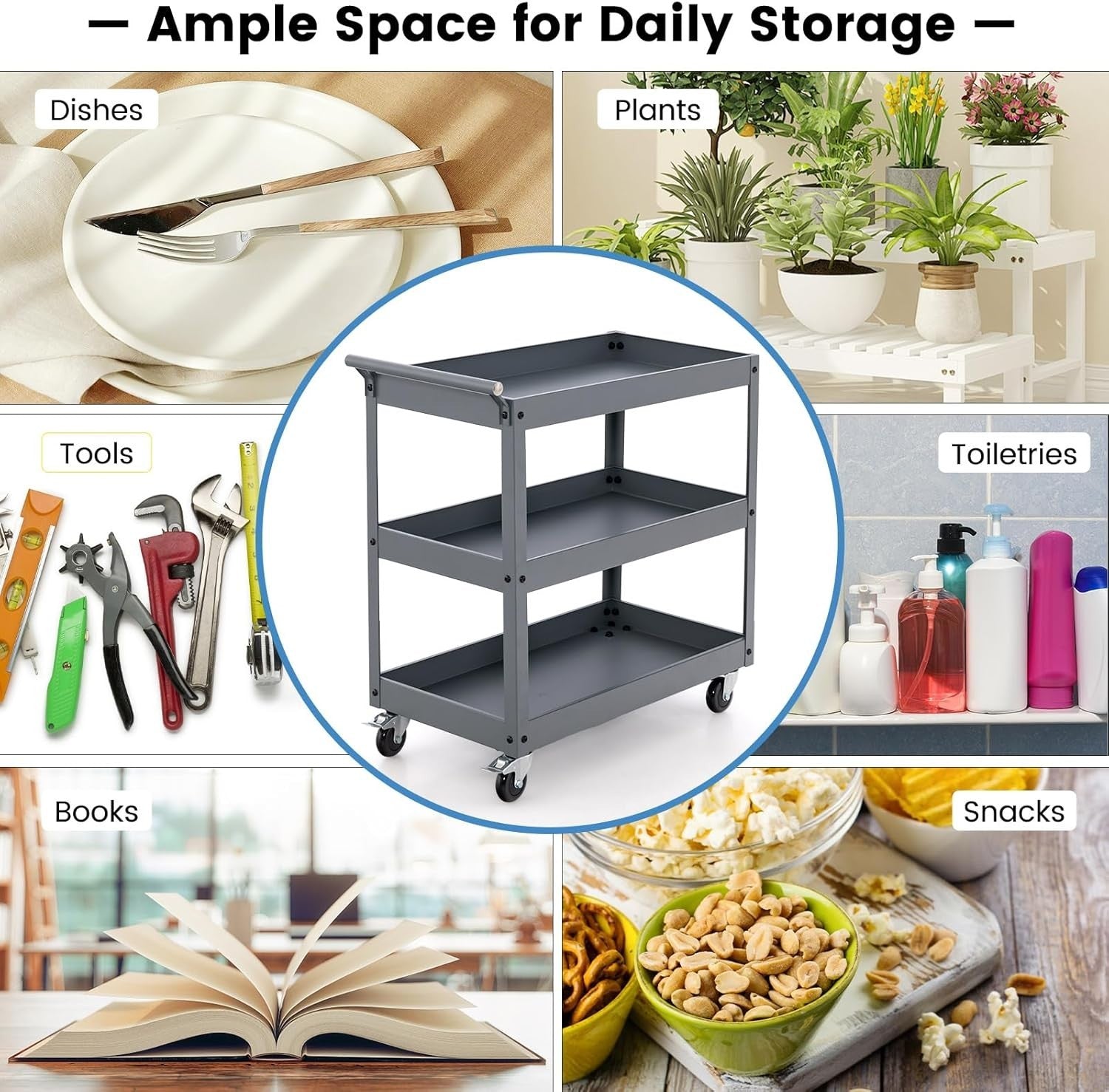 3 Tier Heavy Duty Tool Trolley Rolling Utility Storage Cart Grey