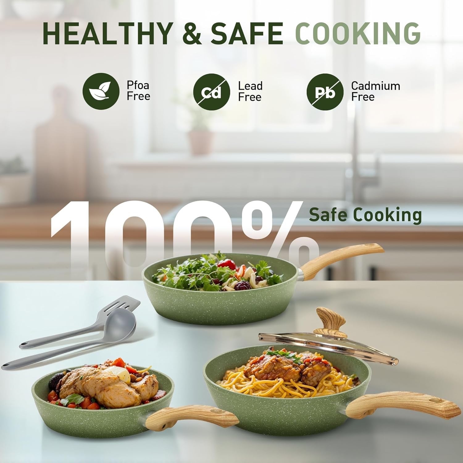 12Pcs Green Non Stick Cookware Set Granite Induction Pots and Pans with Lids