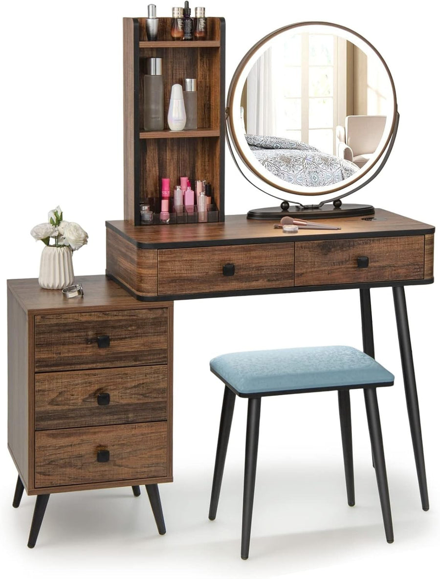 Vanity Makeup Dressing Table Set w/ LED Mirror Stool Storage Charging Station