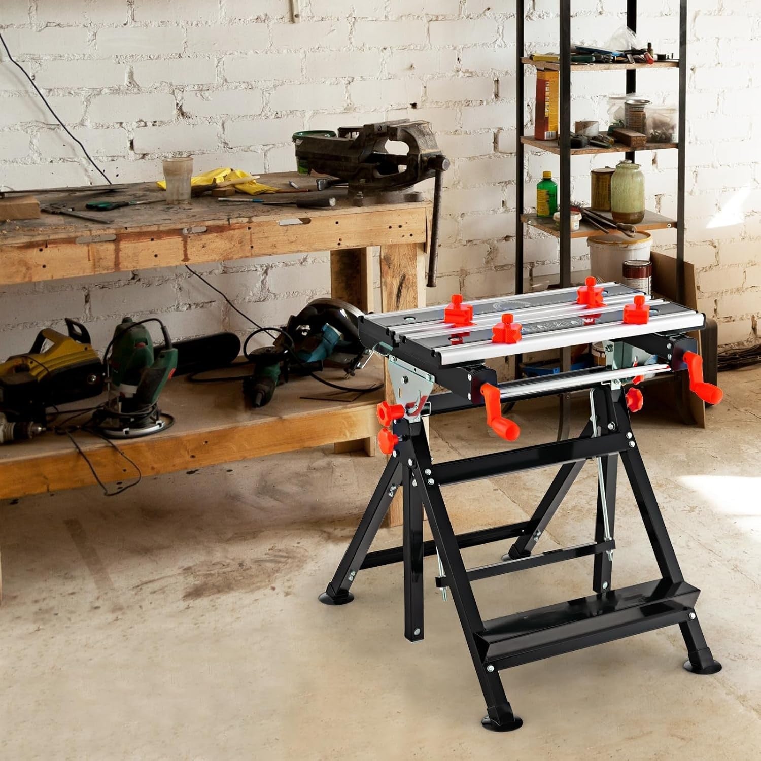Folding Workbench 75x60cm Adjustable Height Tilt Table Sawhorse 7 Levels Red