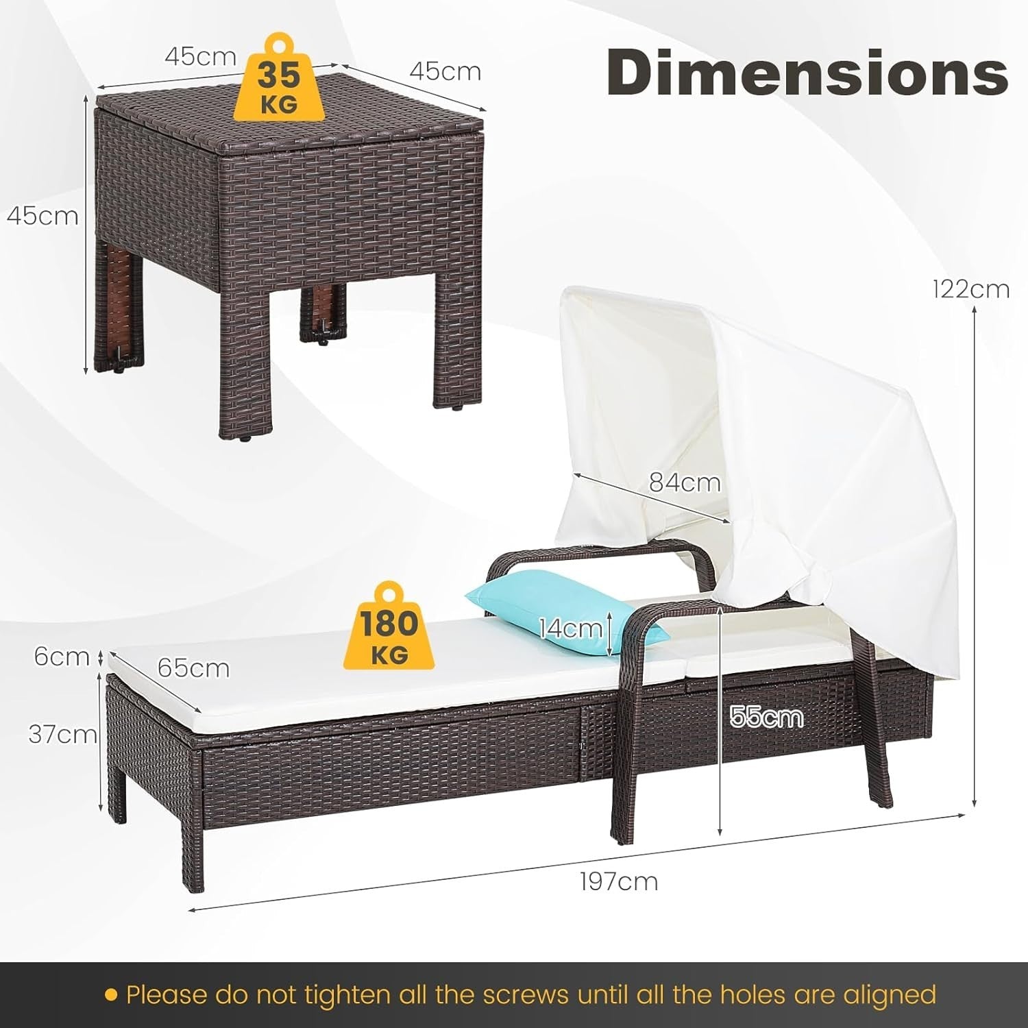 Adjustable 6-Position Rattan Sun Lounger with Canopy, Cushion & Side Table