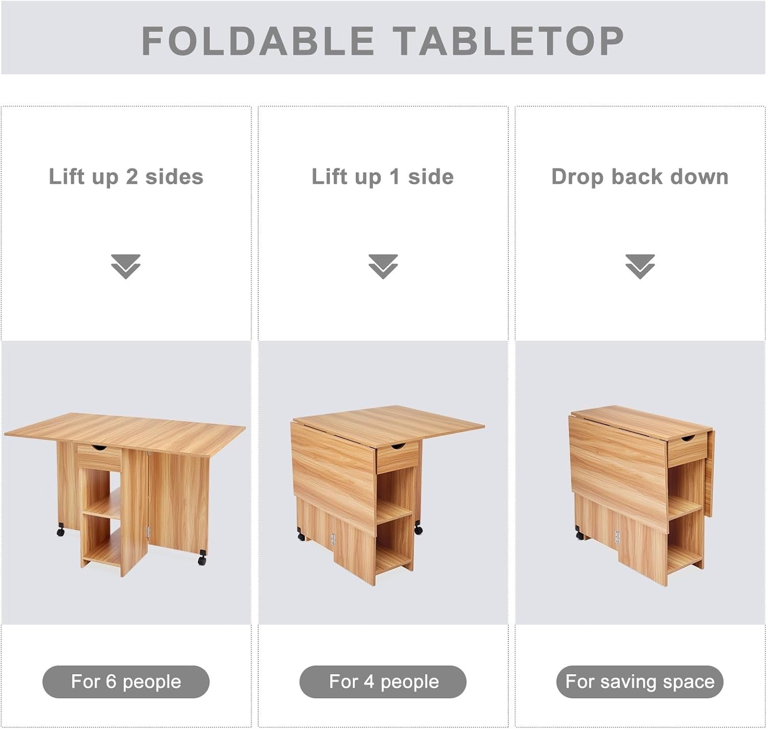 Drop Leaf Folding Dining Table with Storage Shelves and Drawer Red Oak