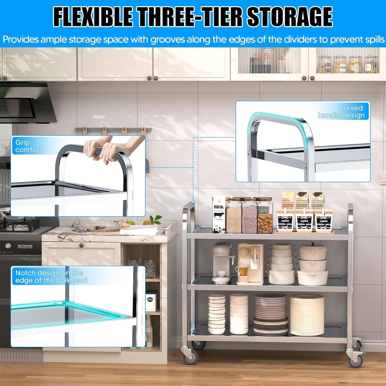 3 Tier Stainless Steel Kitchen Trolley Rolling Utility Cart Wheels