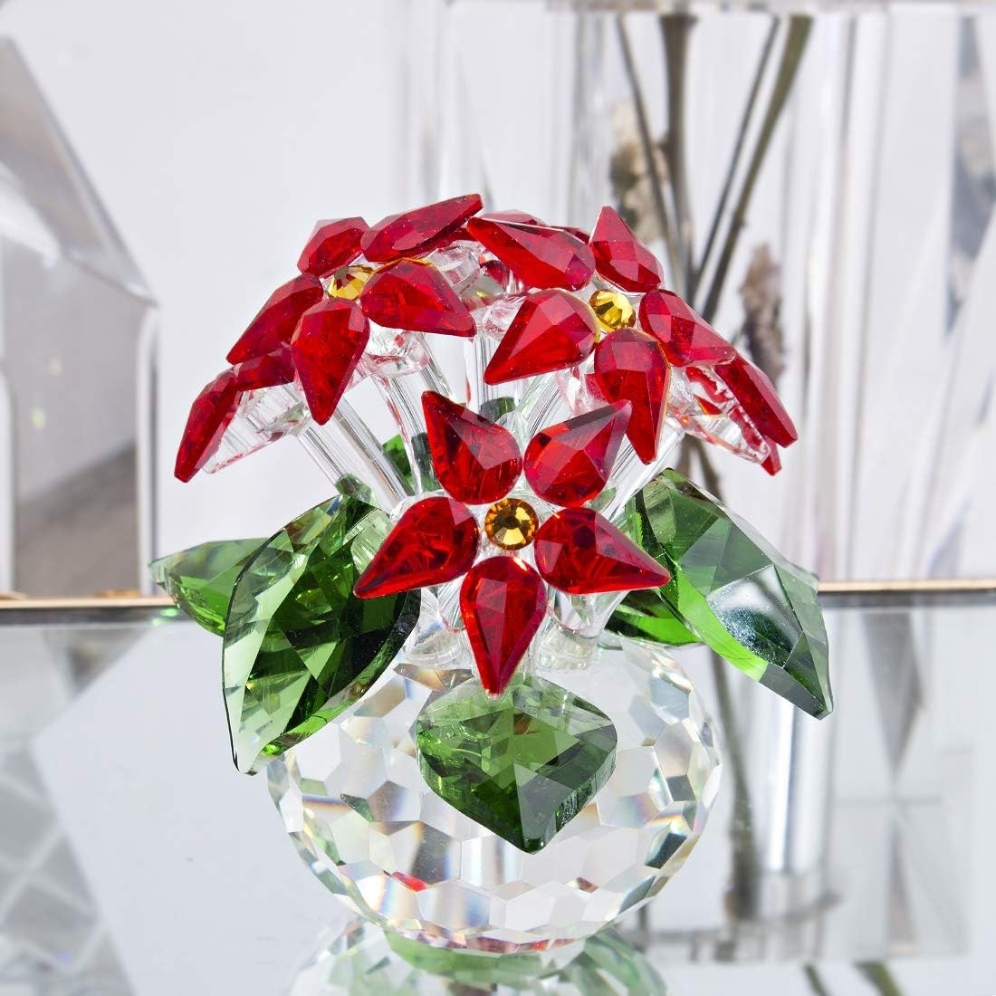 Crystal Poinsettia Flower Ornament • Red Glass Figurine • Luxury Table Décor