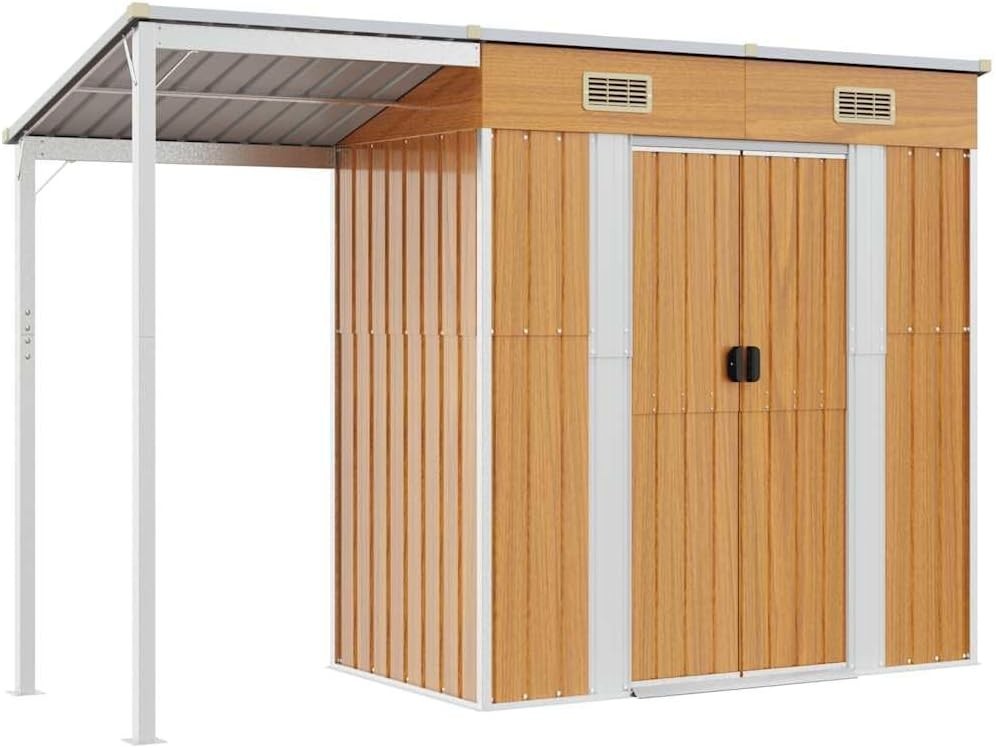 Metal Garden Shed Outdoor Storage with Extended Roof & Air Vents Light Brown