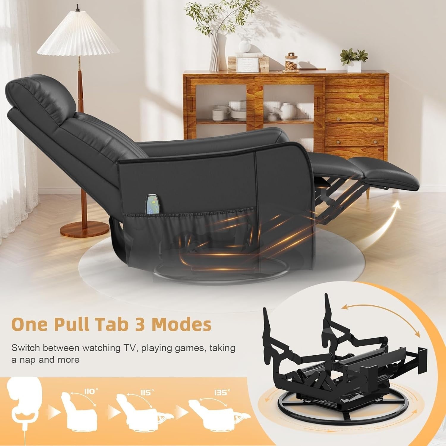 Swivel Recliner Chair Massage Heat 135° Recline Footrest Dual Pockets