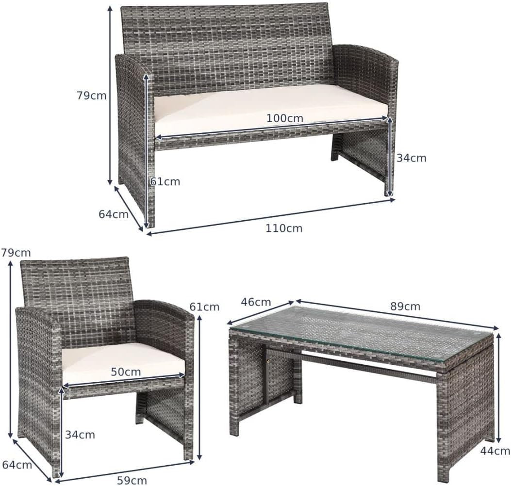 4 Seater Outdoor Rattan Sofa Set with Glass Table Patio Garden Conversation
