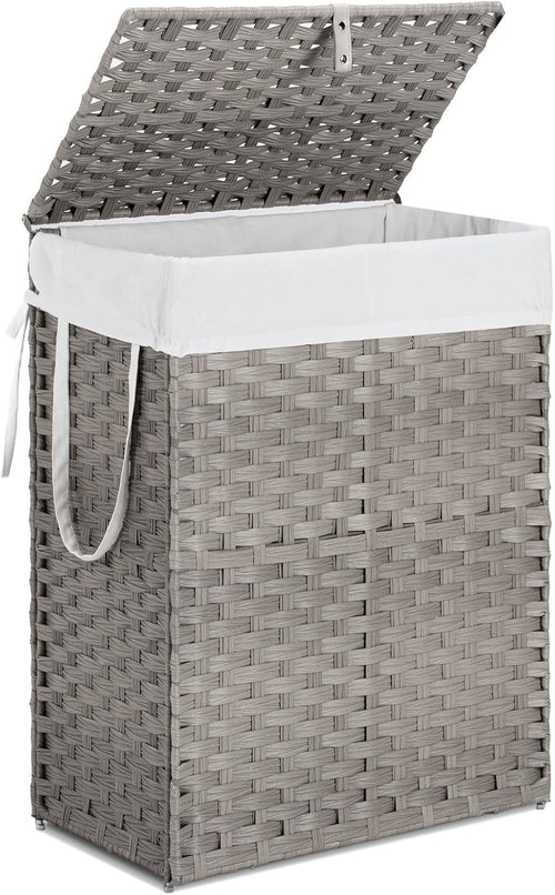90L Grey Rattan Laundry Basket with Lid Foldable Hamper Removable Liner Handles