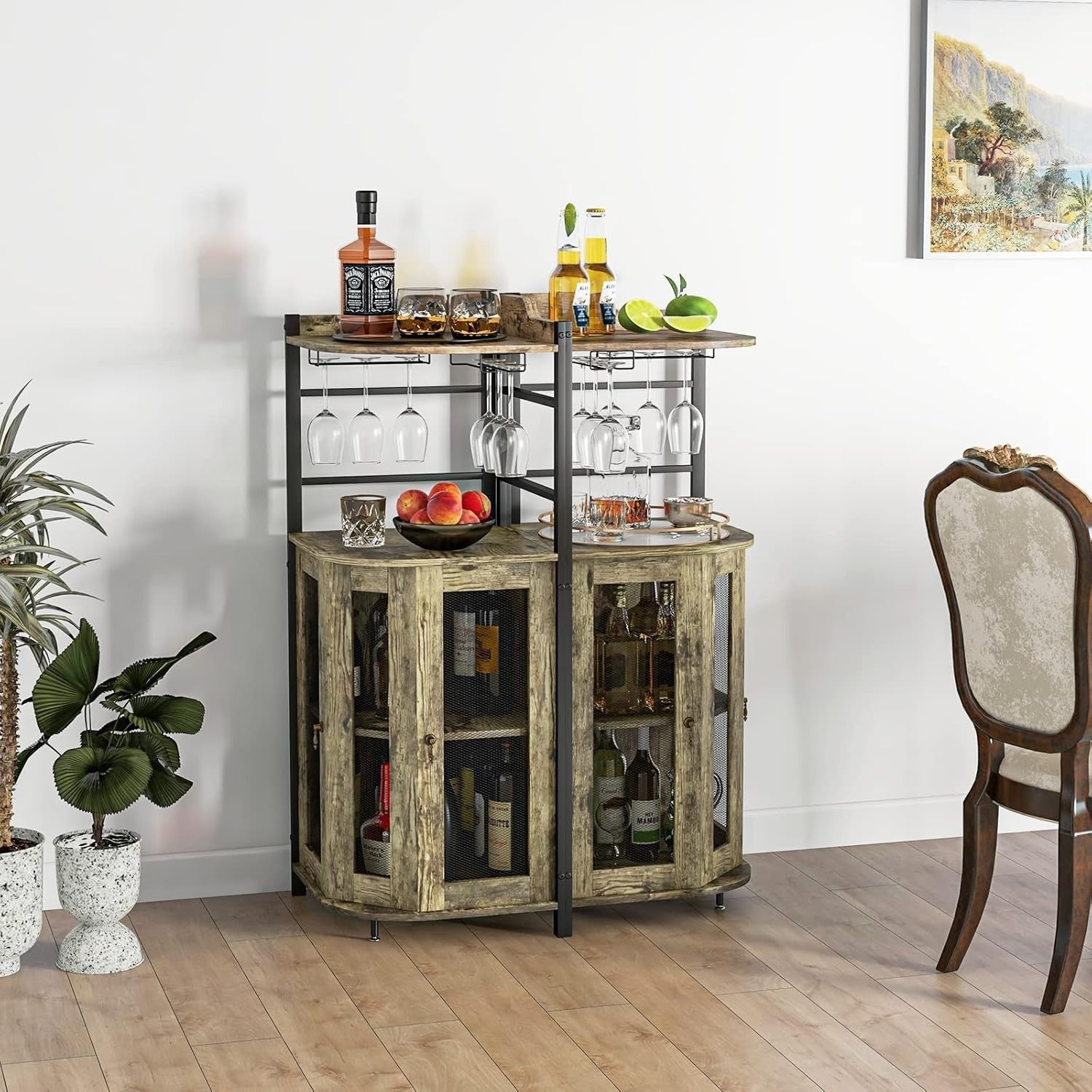 Corner Bar Cabinet with Wine Rack & Glass Holders, Industrial Oak Grey